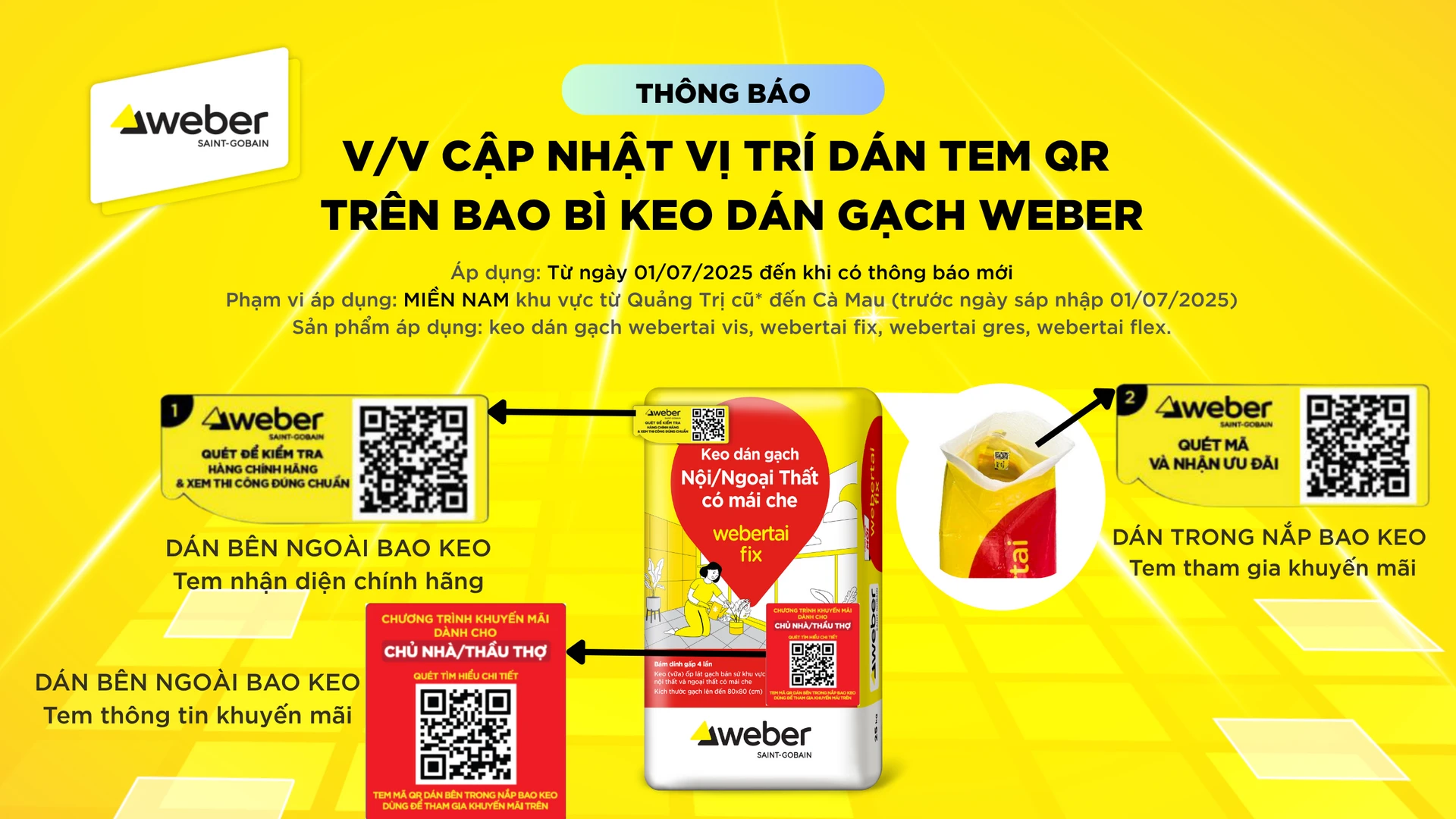 Cập nhật vị trí dán tem QR trên bao bì keo dán gạch Weber
