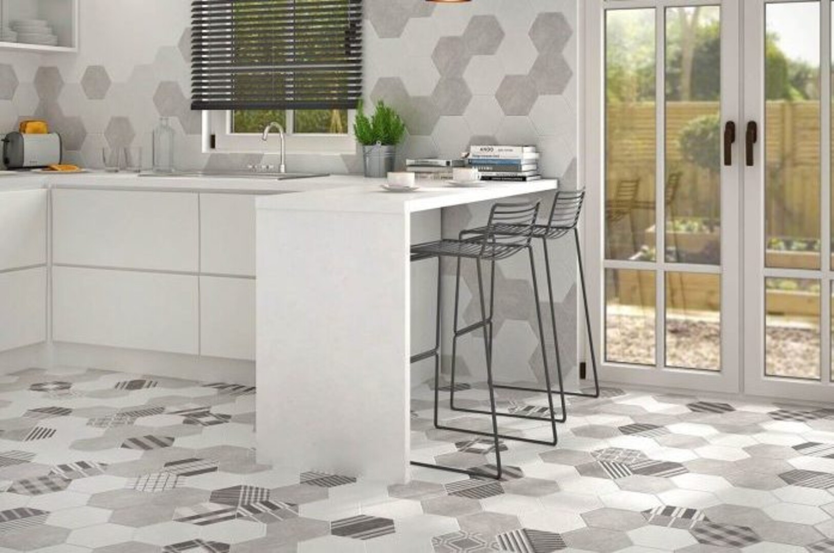 gạch ốp tường bếp - mosaic lục giác