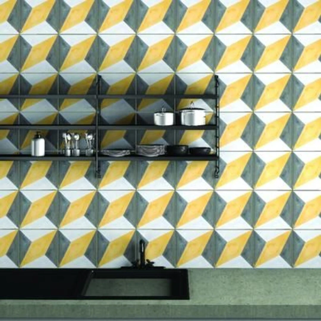 Gạch ốp tường bếp- gạch bông màu vàng phối xanh