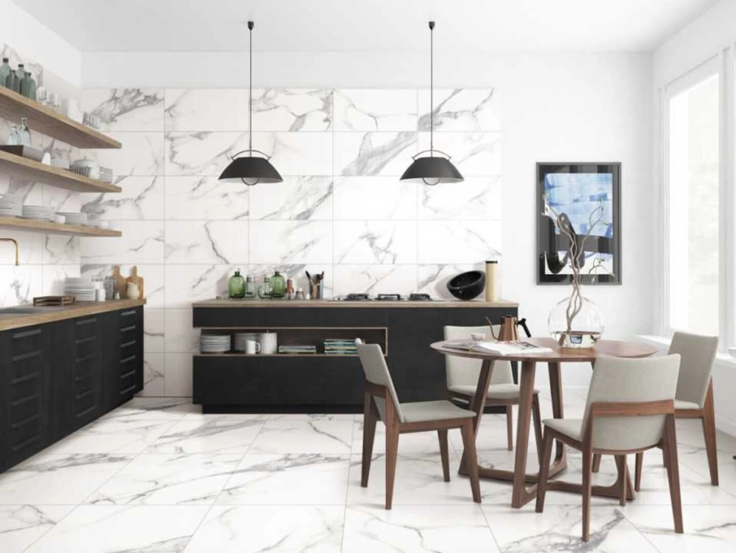 Gạch ốp tường màu trắng kết hợp với nội thất