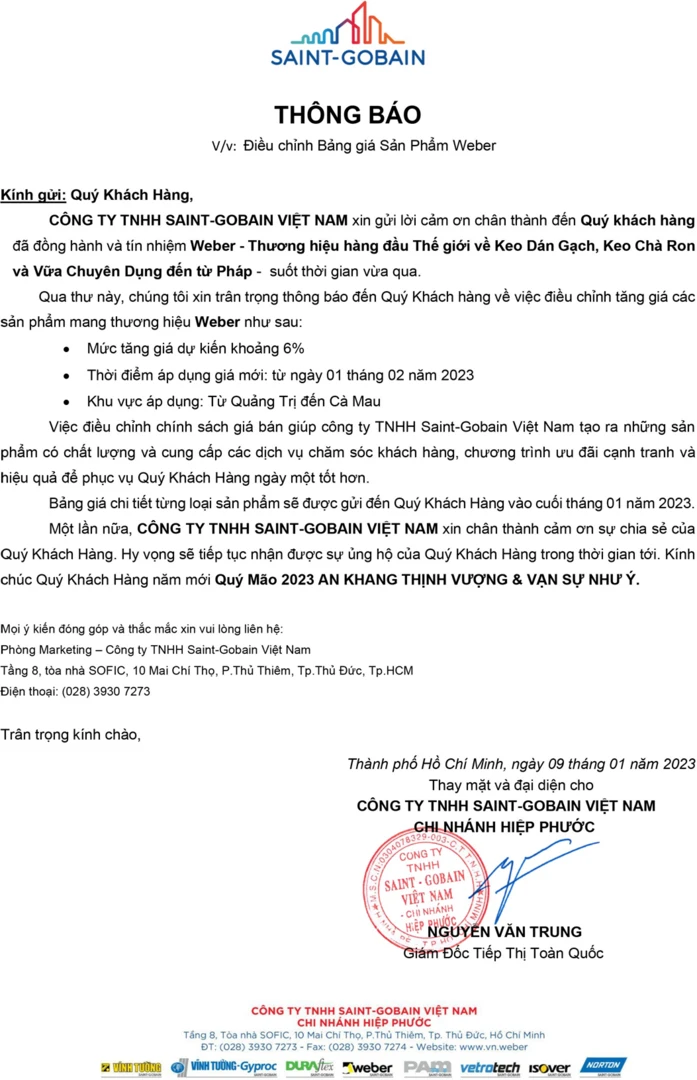 thay đổi bảng giá sản phẩm Weber