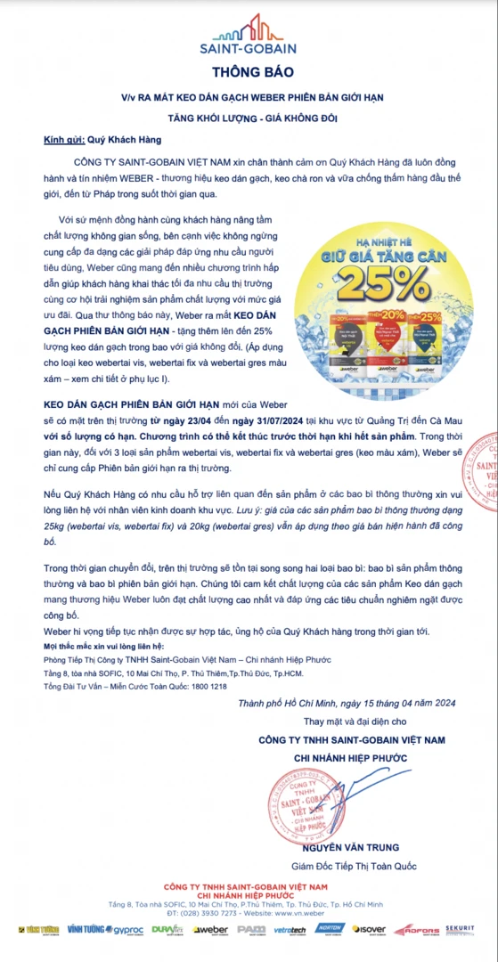 thư thông báo weber giữ giá tăng cân 1