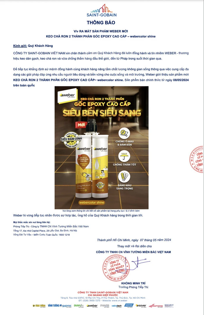 thư thông báo ra mắt keo chà ron gốc epoxy miền bắc 1