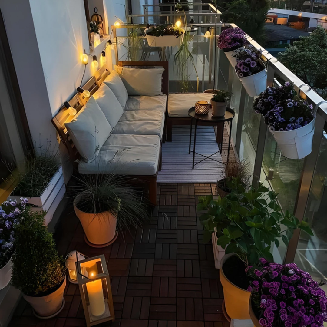 Bố trí ánh sáng phù hợp với diện tích ban công nhỏ để làm bầu không khí thêm ấm cúng vào buổi tối