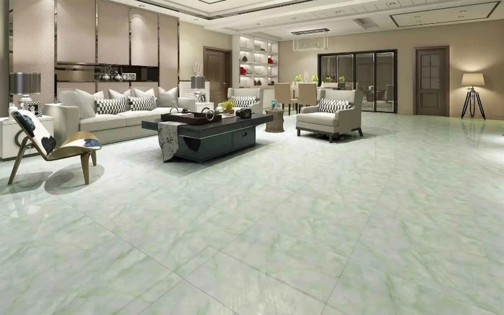 Mẫu gạch lát nền màu xanh cho phòng khách