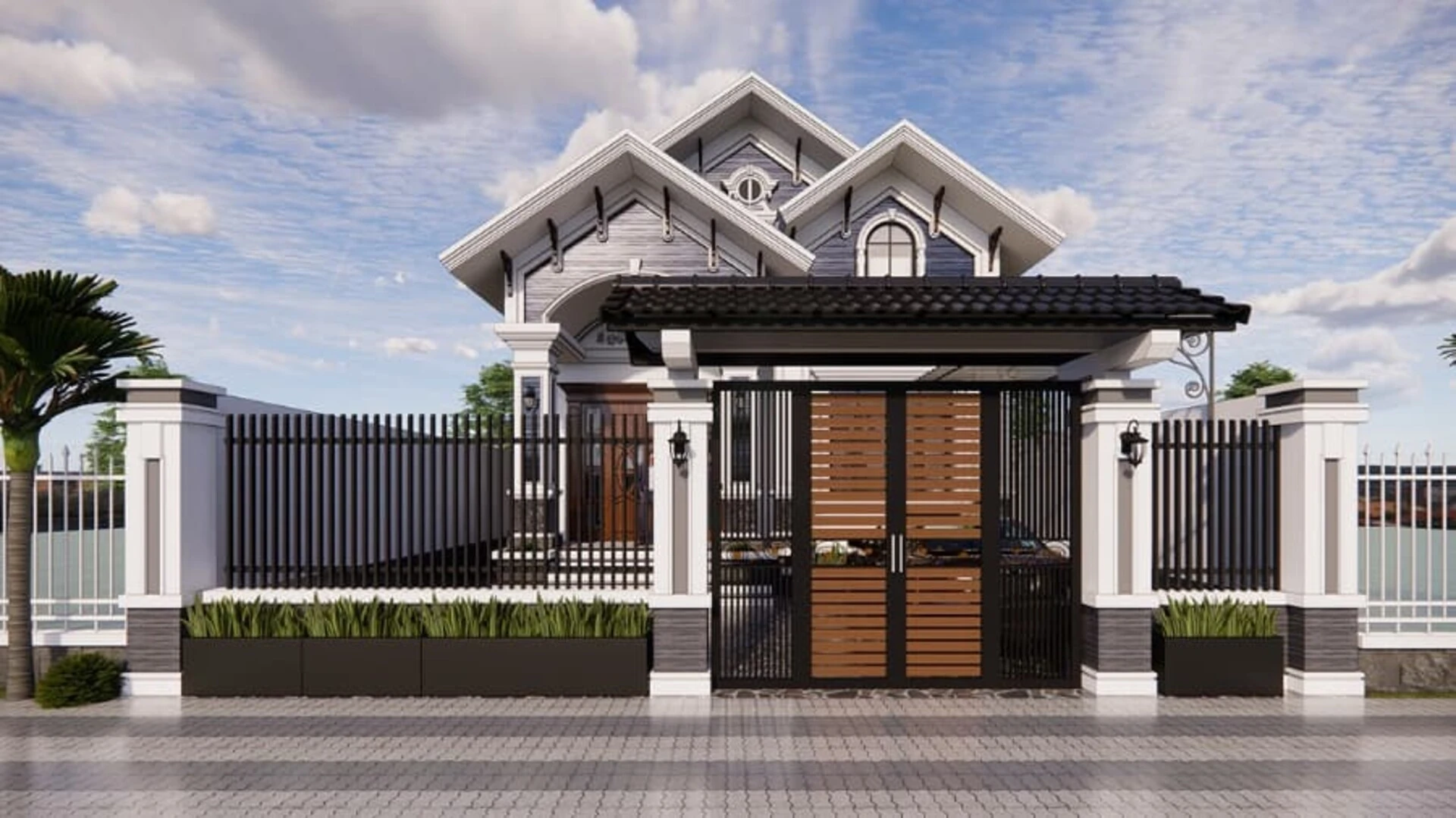 Mẫu gạch ốp cổng màu đen phối xám