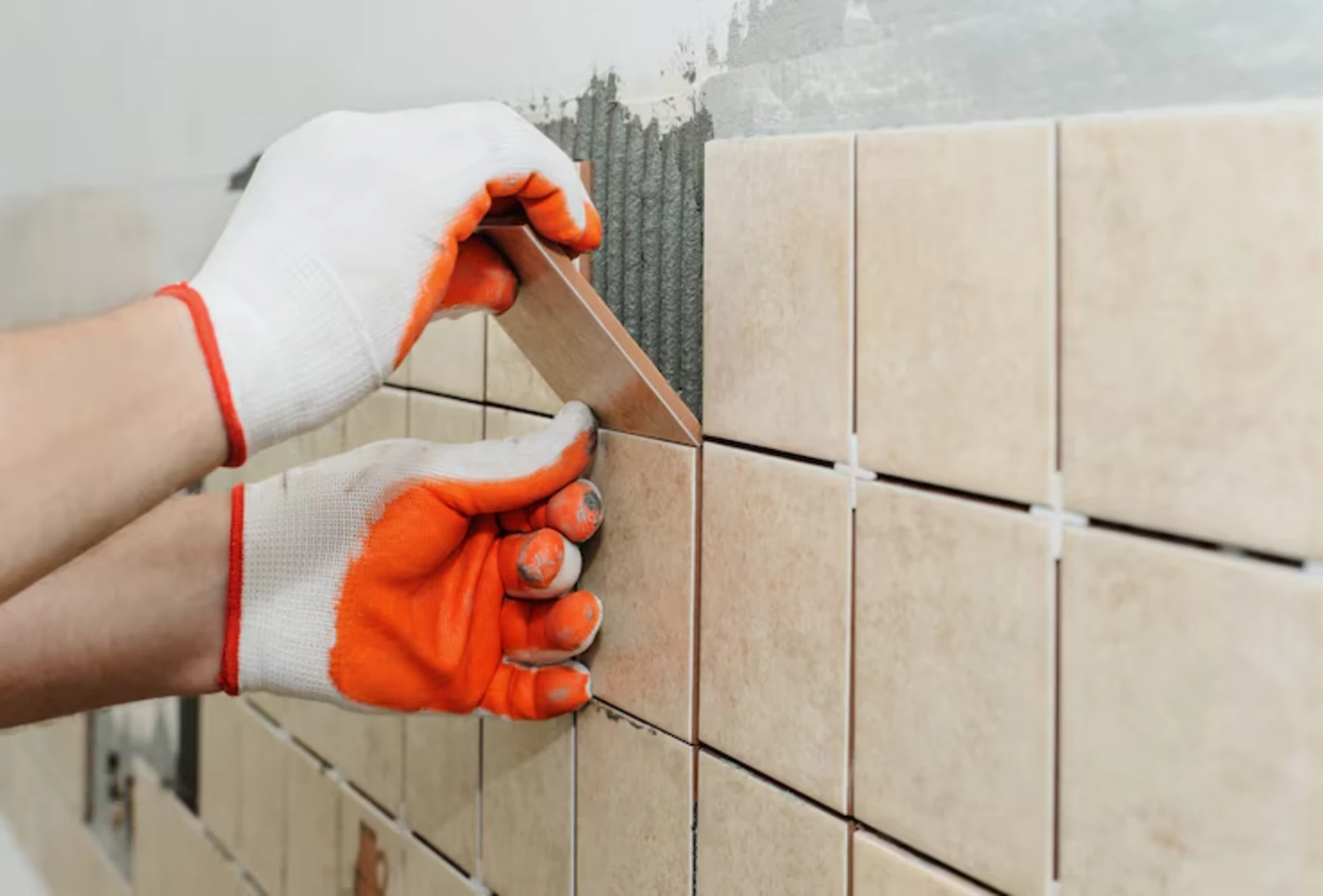Chuẩn bị dụng cụ để dán gạch lên tường