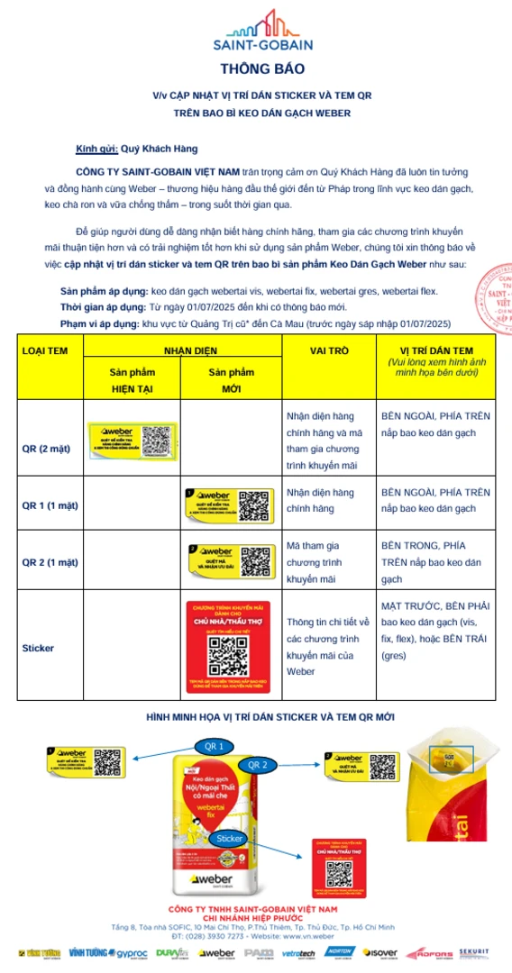Thông báo cập nhật vị trí dán team QC trên bao bì keo dán gạch Weber 3