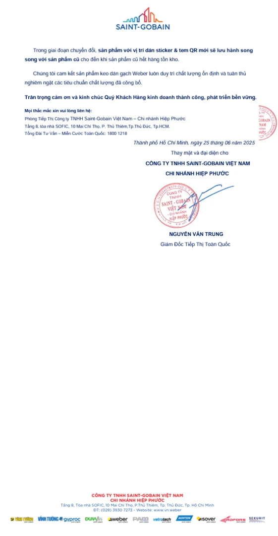 Thông báo cập nhật vị trí dán team QC trên bao bì keo dán gạch Weber 4