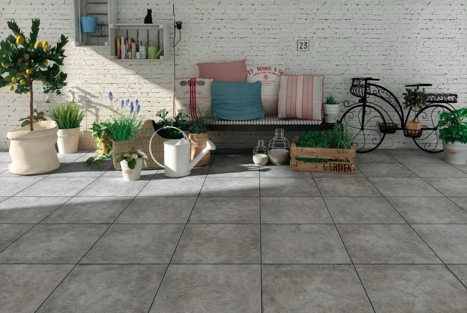 Đối với khu vực sân thượng, sử dụng gạch thẻ để ốp chân tường cũng là một gợi ý rất thú vị