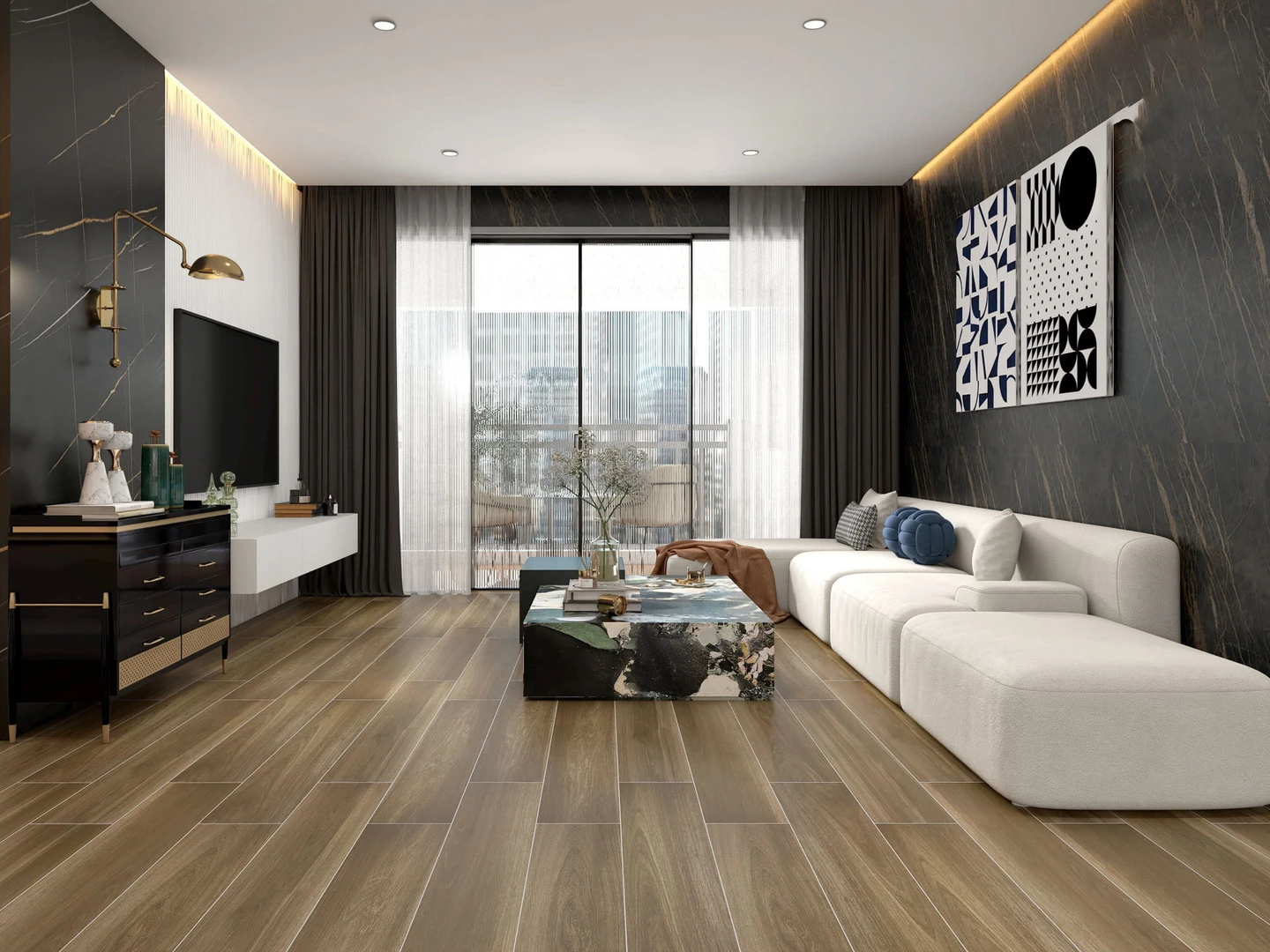 Gạch giải gỗ phòng khách mang đến không gian cổ điển, sang trọng