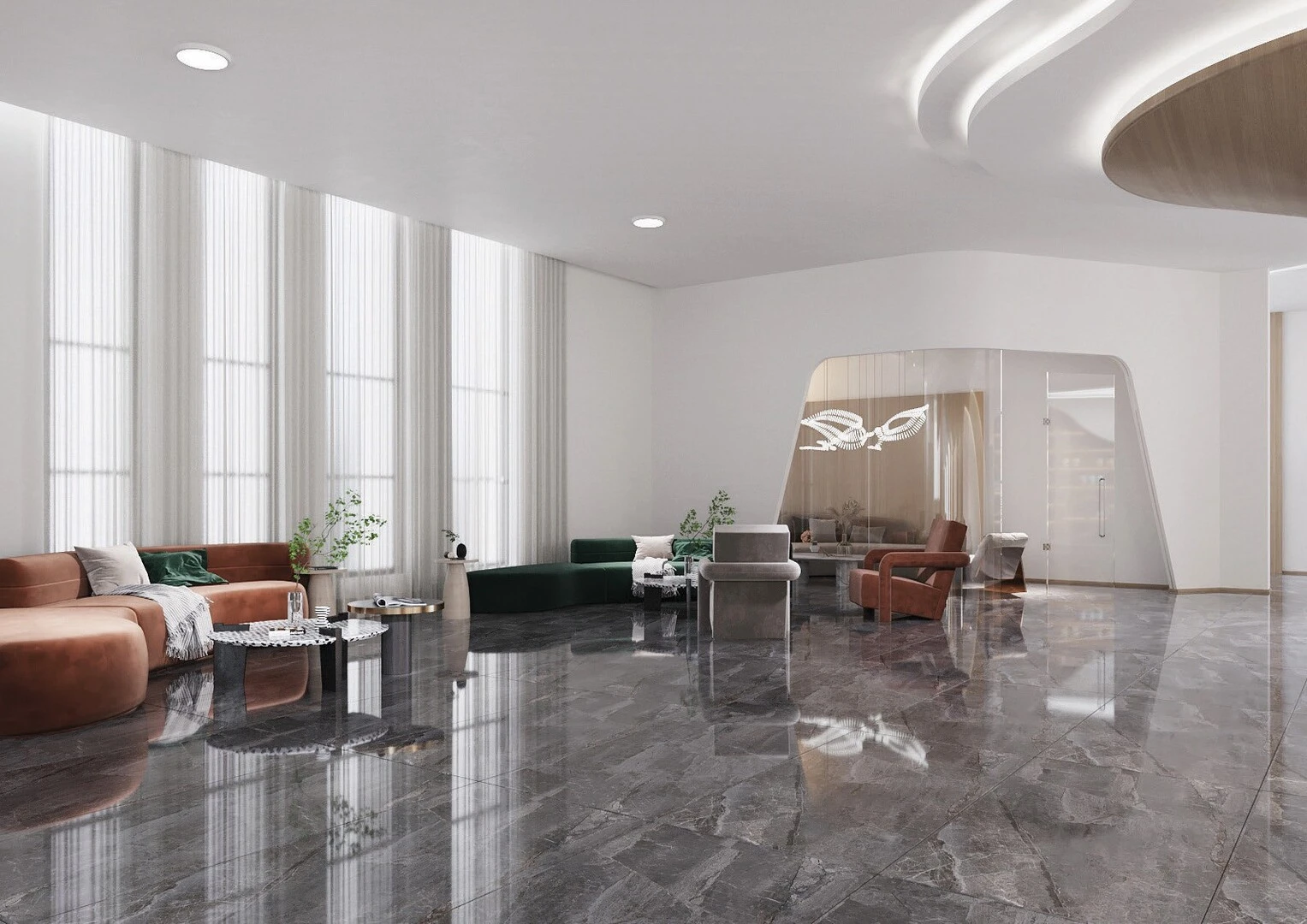 Sảnh chờ sang trọng với gạch khổ lớn vân đá xám