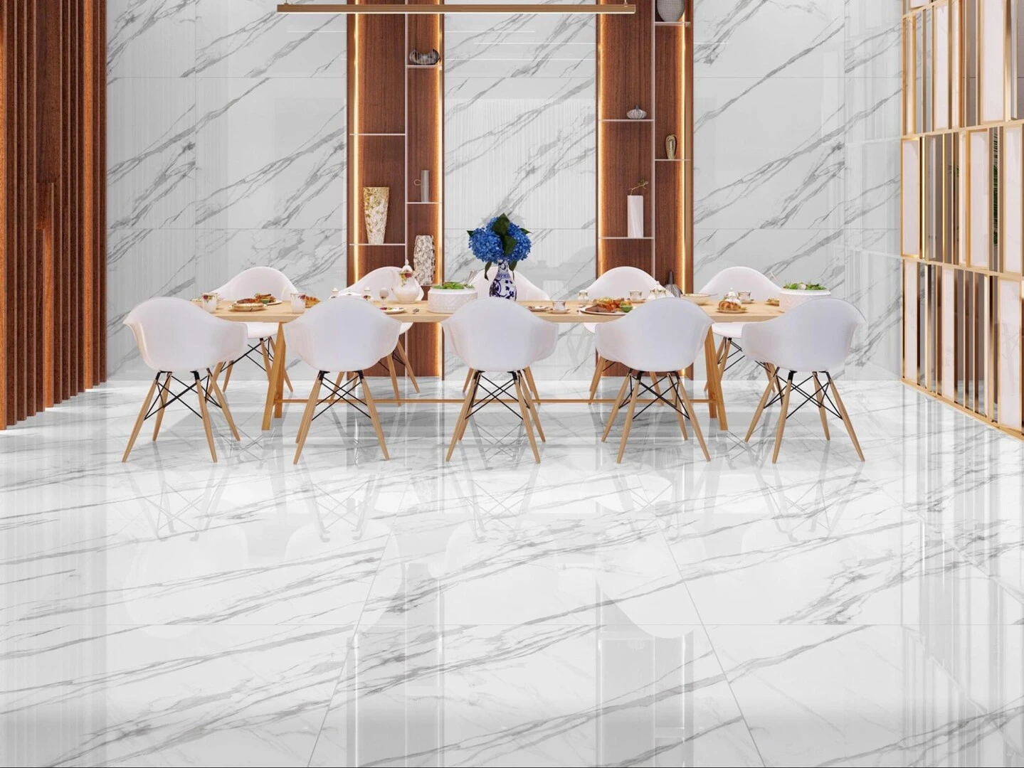 Phòng bếp tinh tế với nền gạch khổ lớn màu sáng