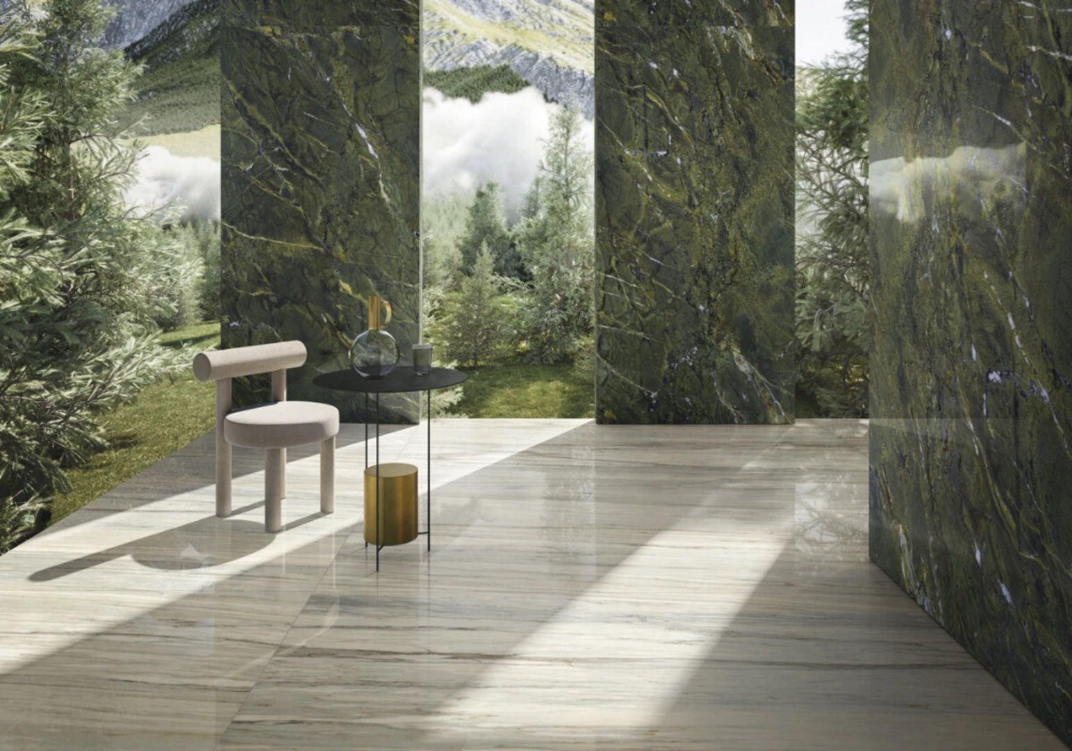 Không gian bên ngoài được thiết kế với gạch ốp tường khổ lớn