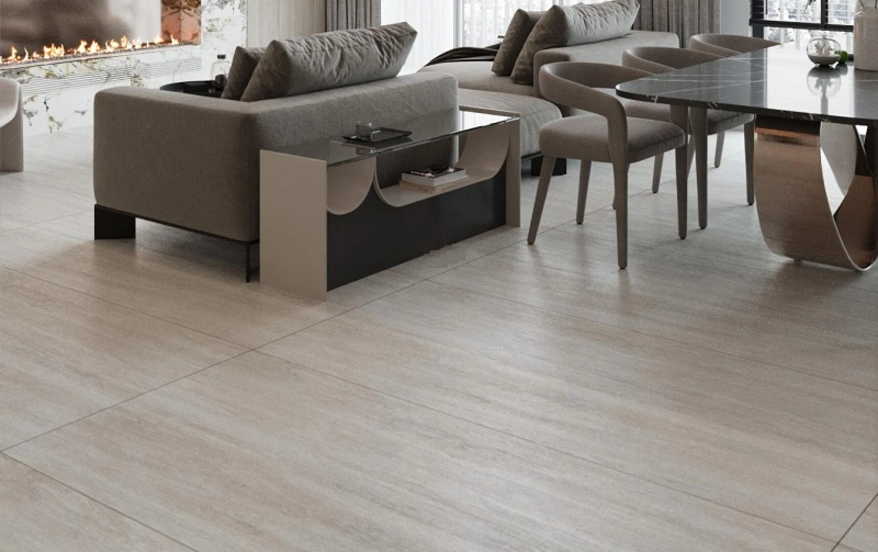 Thiết kế gạch khổ lớn kết hợp vân đá Travertine