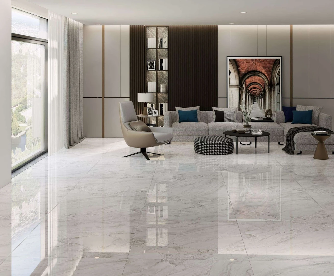 Gạch lát nền đẹp 80x80 bóng kính phản chiếu ánh sáng, giúp căn phòng trông rộng rãi, thoáng đãng