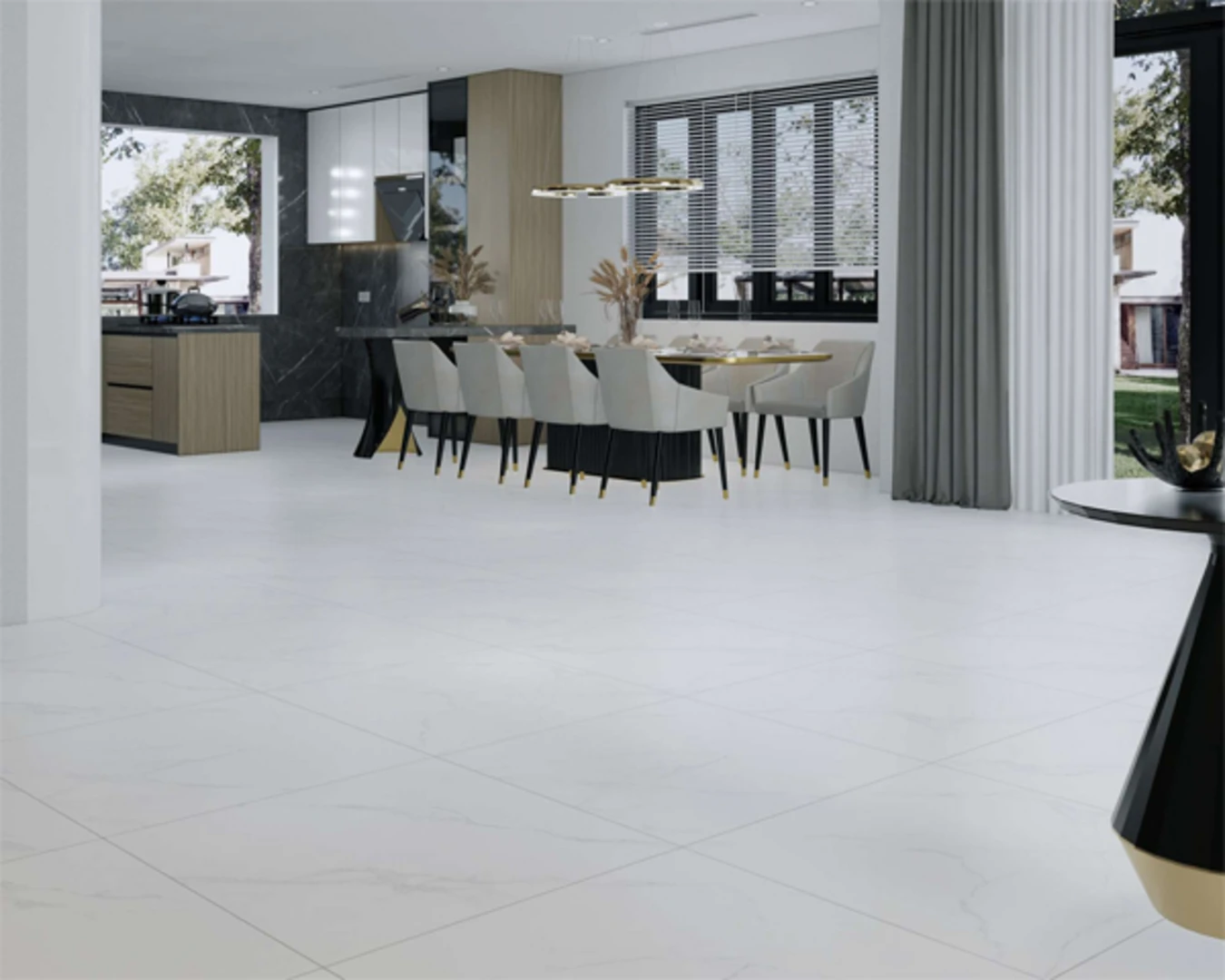 Gạch lát nền màu trắng sữa giúp không gian thêm thoáng đãng, rộng rãi