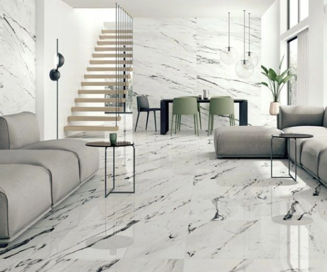 Gạch lát nền màu trắng vân đá thể hiện được sự sang trọng, đẳng cấp của ngôi nhà