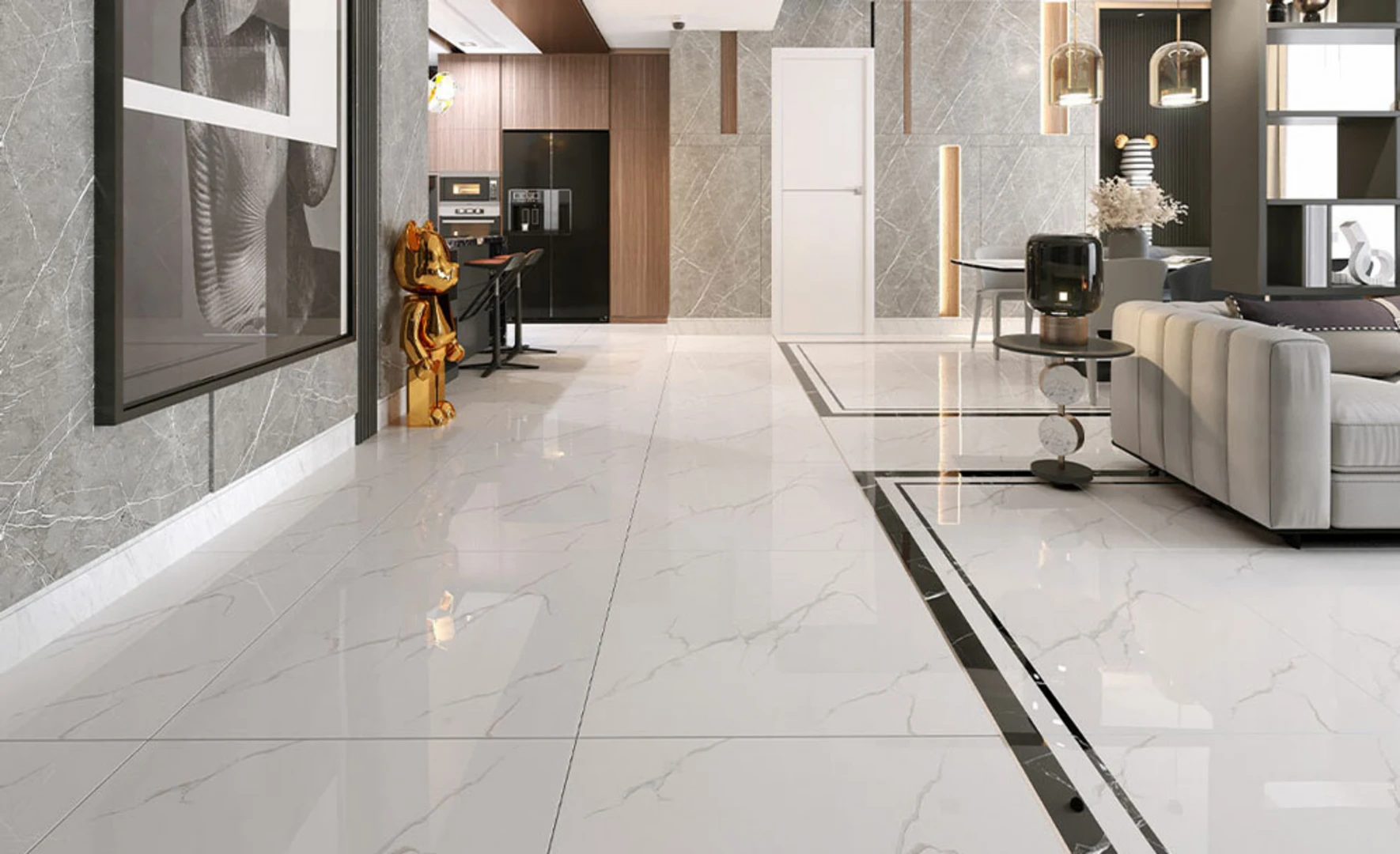 Gạch lát nền màu trắng vân mây có thể được sử dụng ở bất kỳ khu vực nội thất nào