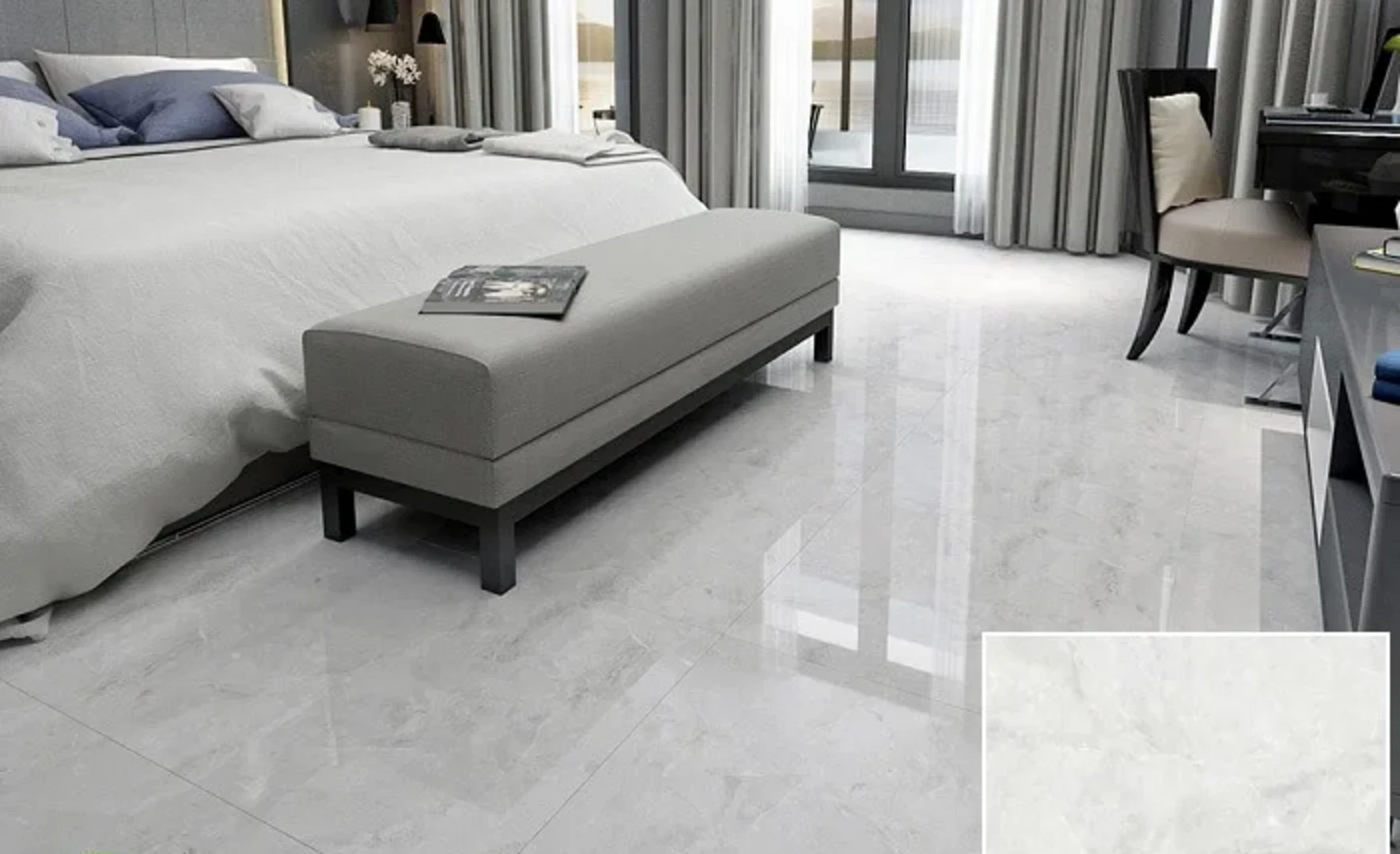 Gạch nền màu trắng xám là sự lựa chọn an toàn, dễ kết hợp với nội thất