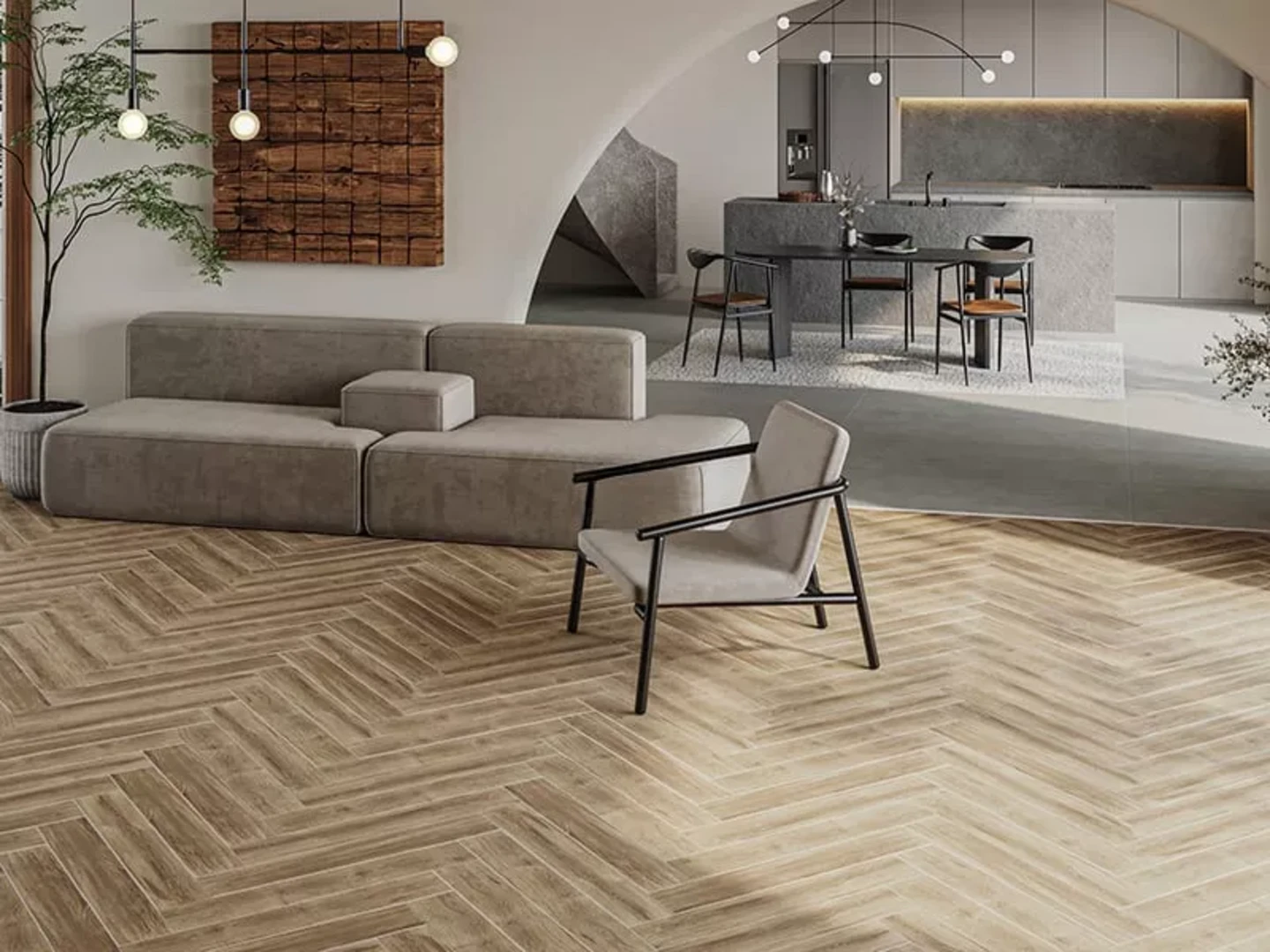 Gạch lát nền phòng khách đươn giản, tinh tế