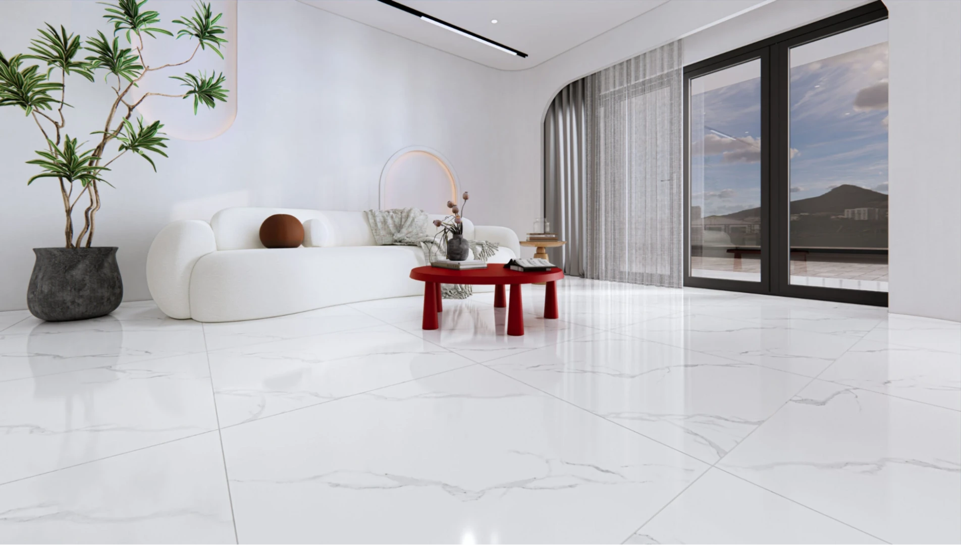 Gạch lát nền phòng khách họa tiết vân mây sang trọng