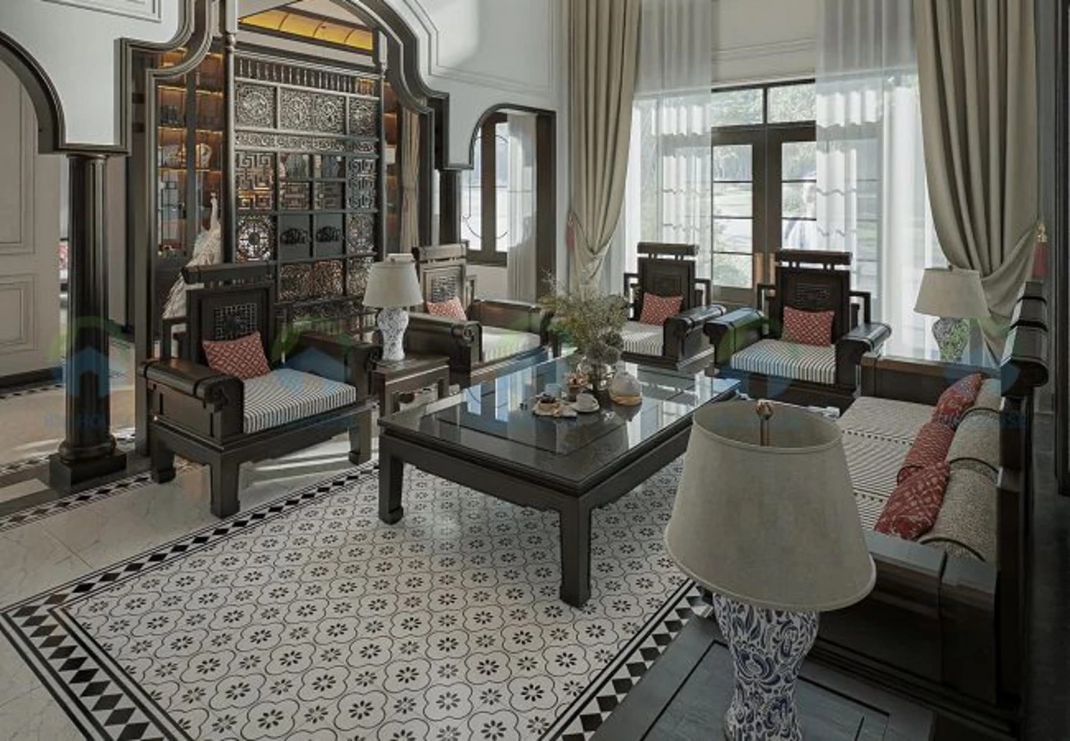 Gạch lát nền phòng khách theo phong cách cổ điển