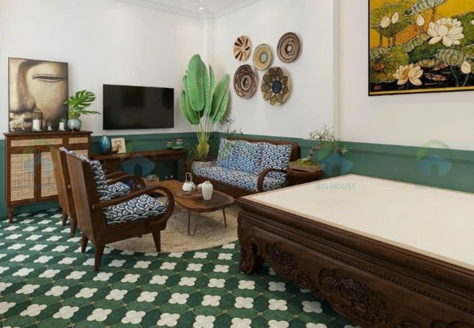 Gạch lát nền phòng khách bông cổ điển, sang trọng