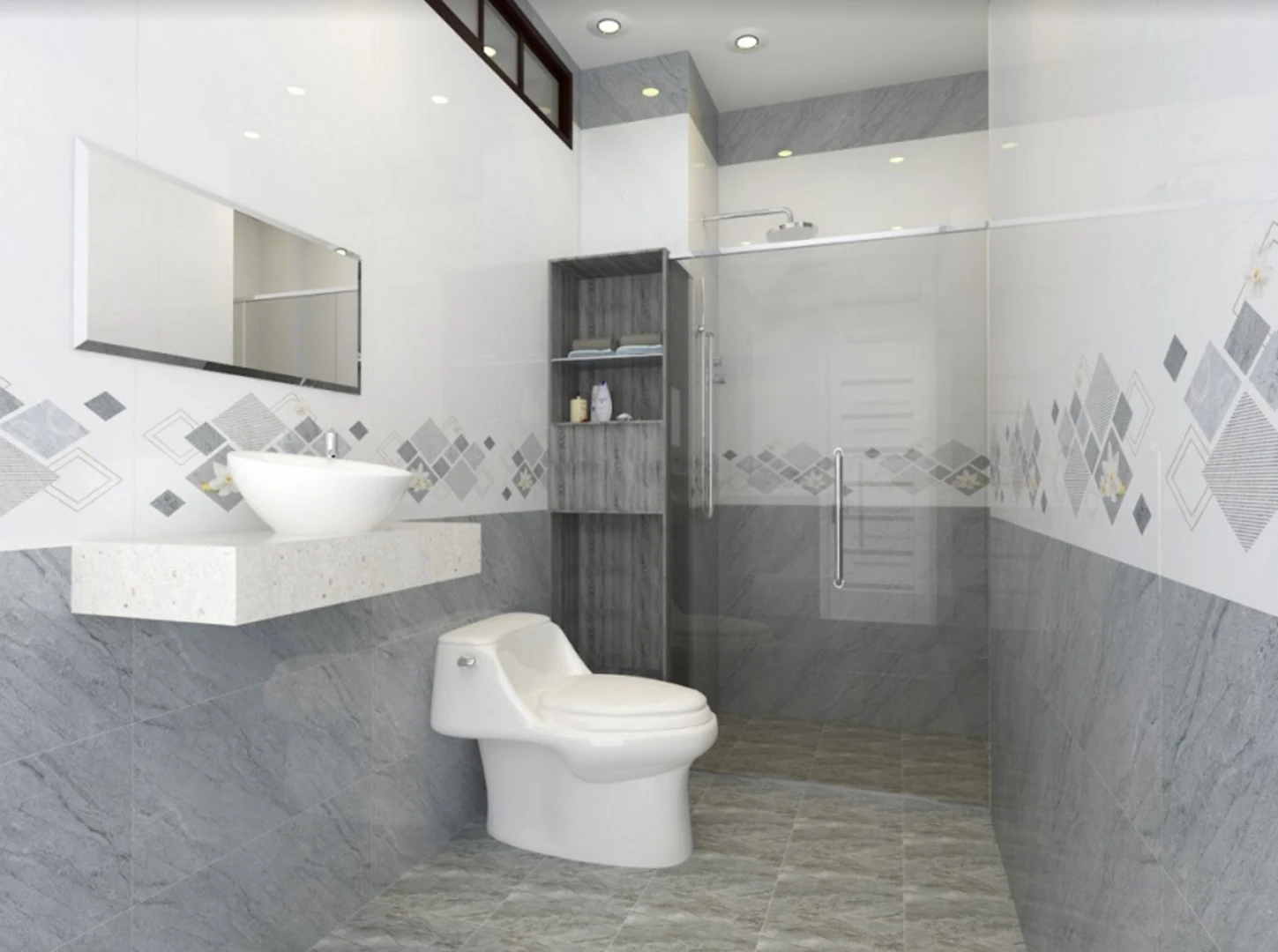 Sử dụng gạch men bóng để ốp tường nhà vệ sinh giúp không gian thoáng đãng hơn