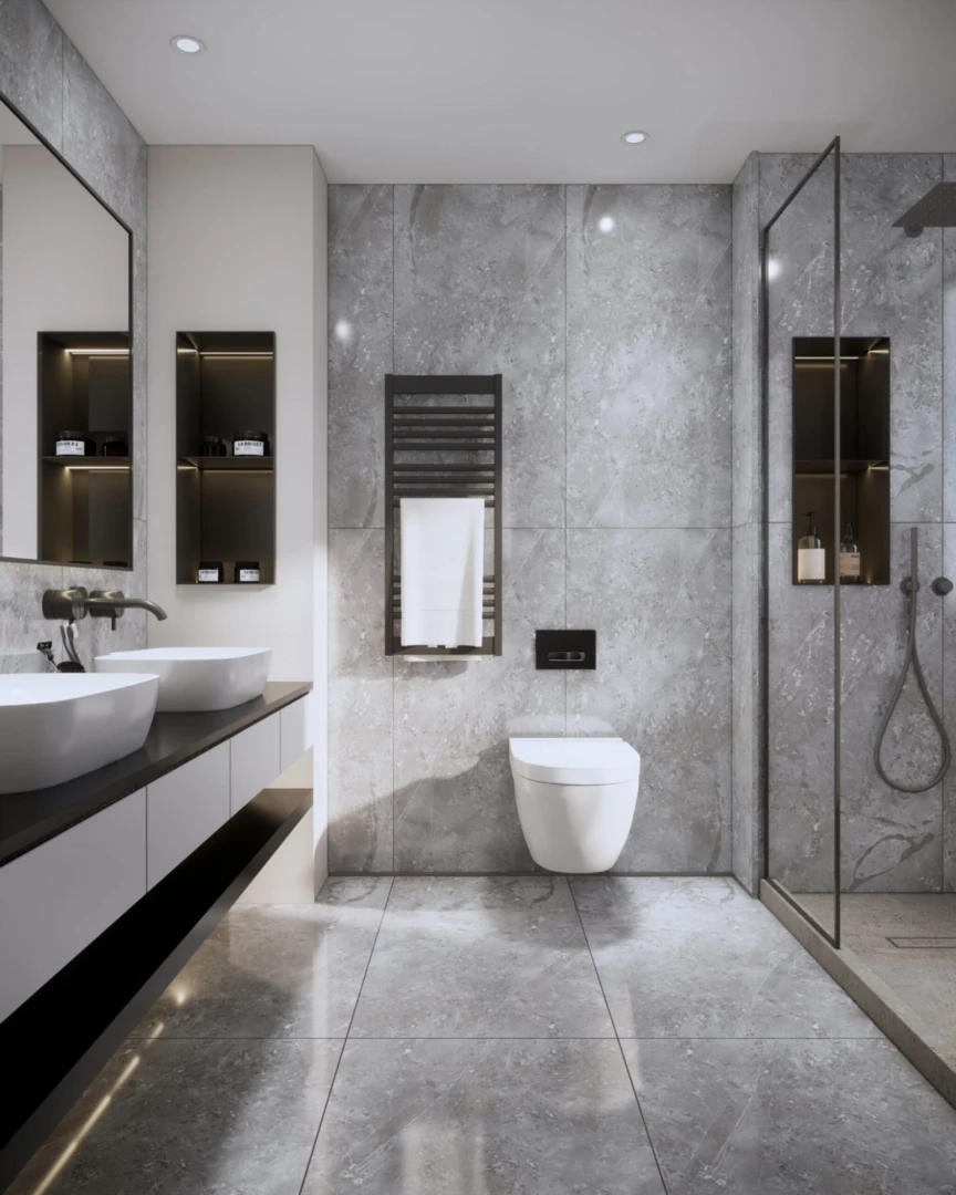 Gạch nhà tắm chống trơn có bề mặt nhám, gồ ghề nhẹ và lớp tráng men được xử lý giúp tăng độ nhám