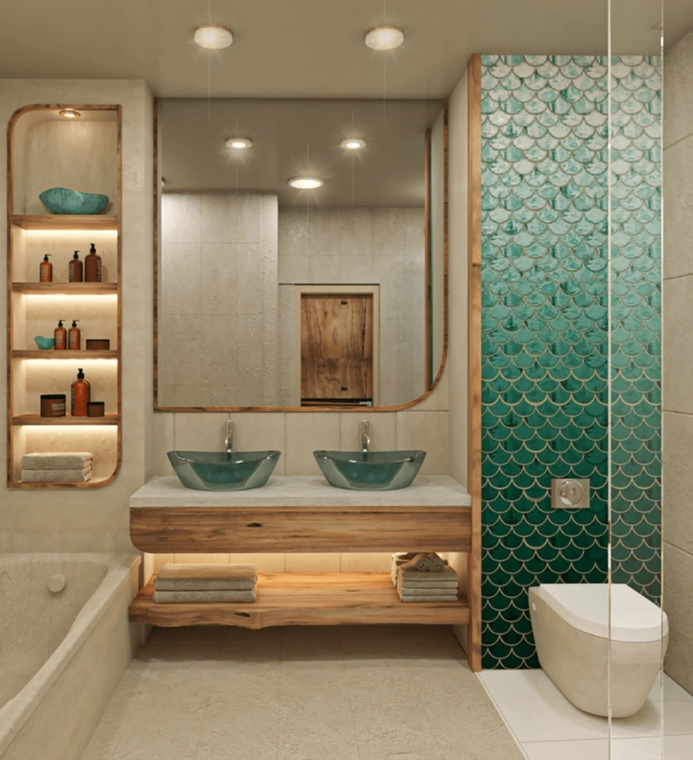 Gạch mosaic ốp tường nhà tắm tạo điểm nhấn cho không gian