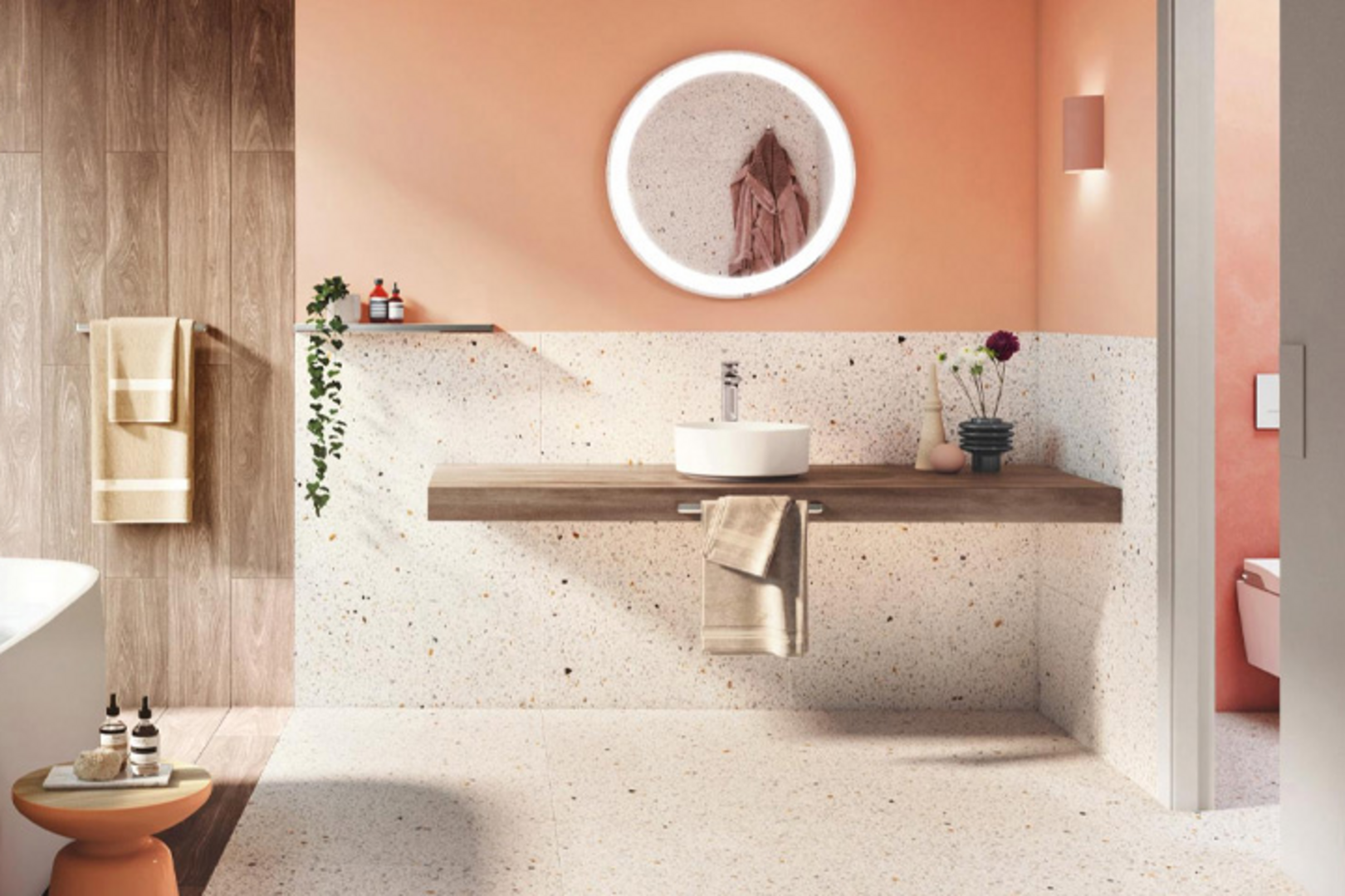 Mẫu gạch ốp nhà vệ sinh màu hồng cam tươi trẻ