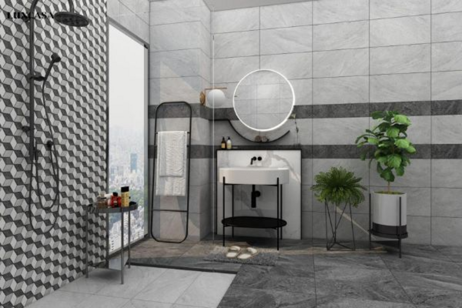 Mẫu gạch ốp nhà vệ sinh kết hợp với cây xanh và tận dụng ánh sáng tự nhiên