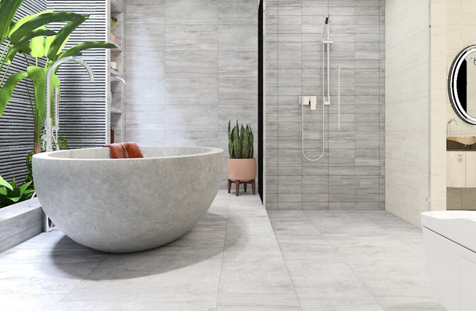 Mẫu gạch ốp nhà vệ sinh kết hợp với cây xanh làm không gian trở nên thoáng đãng hơn