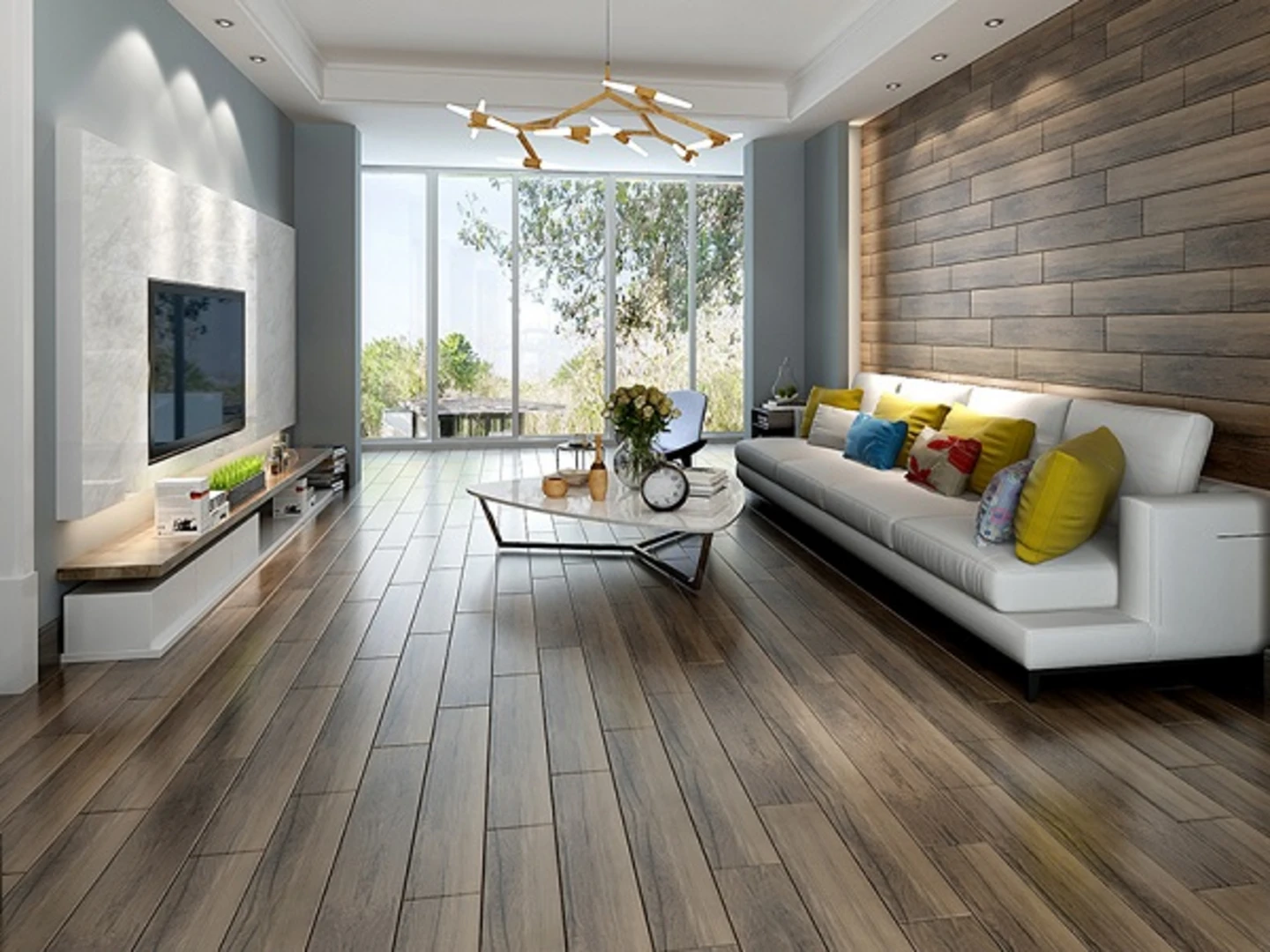 Gạch ốp tường phòng khách giả gỗ cổ điển