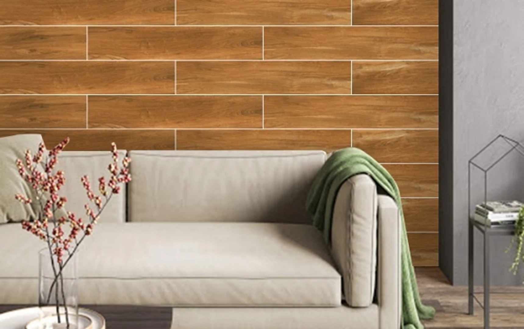 Gạch ốp tường phòng khách giả gỗ được nhiều người lựa chọn