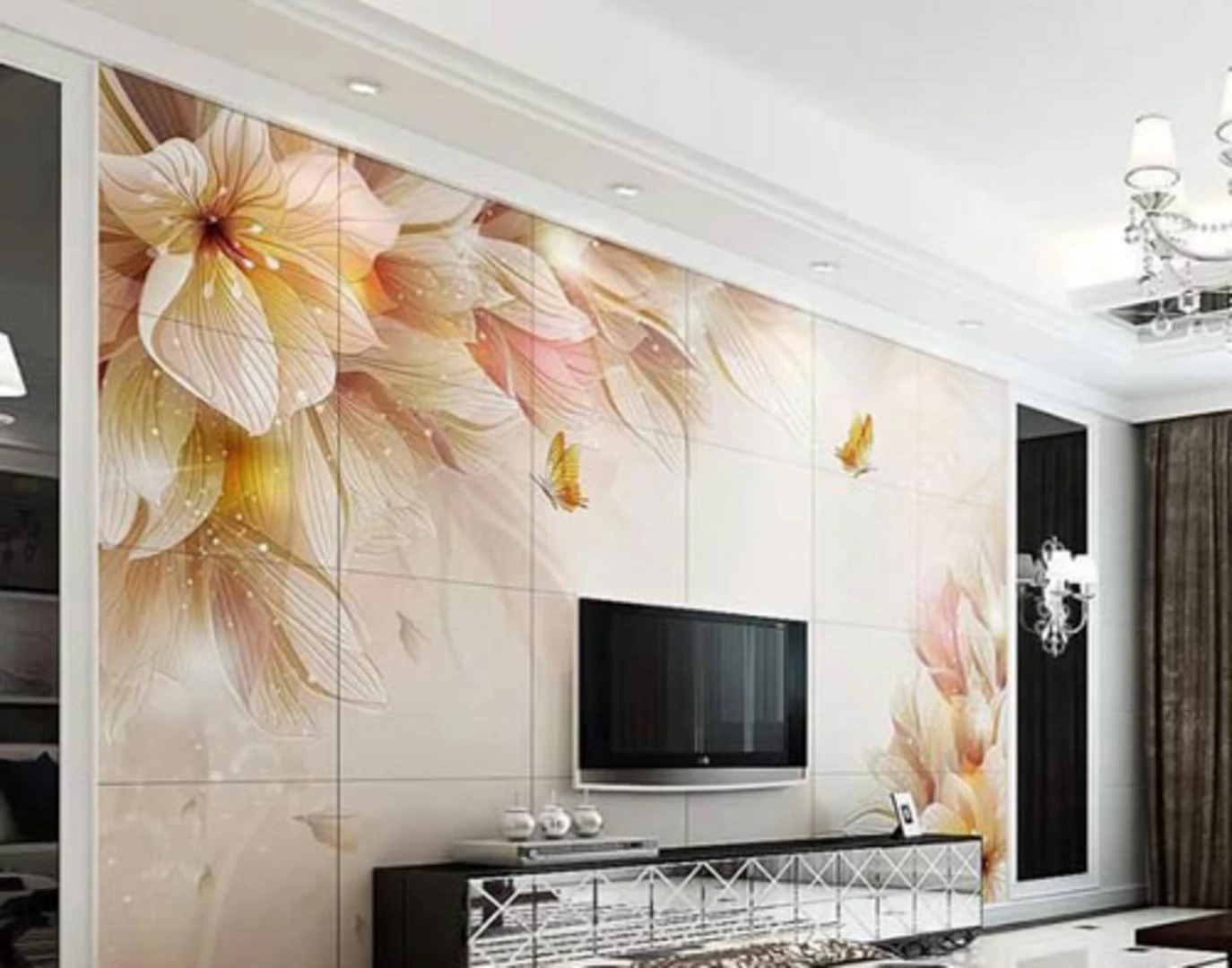 Gạch ốp tường phòng khách họa tiết hoa với màu sắc nổi bật