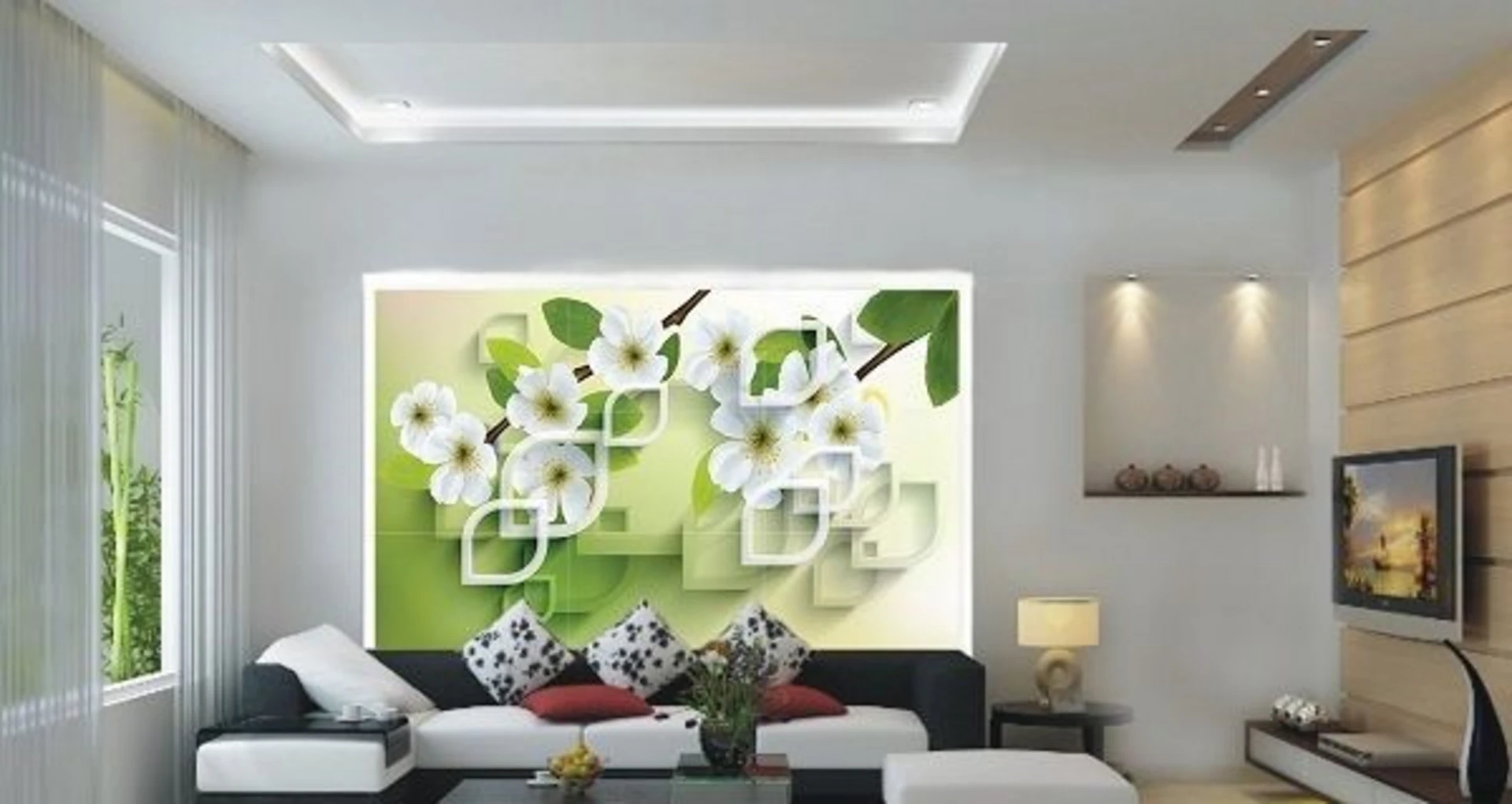 Gạch ốp phòng khách họa tiết cây xanh, hoa lá tươi mát