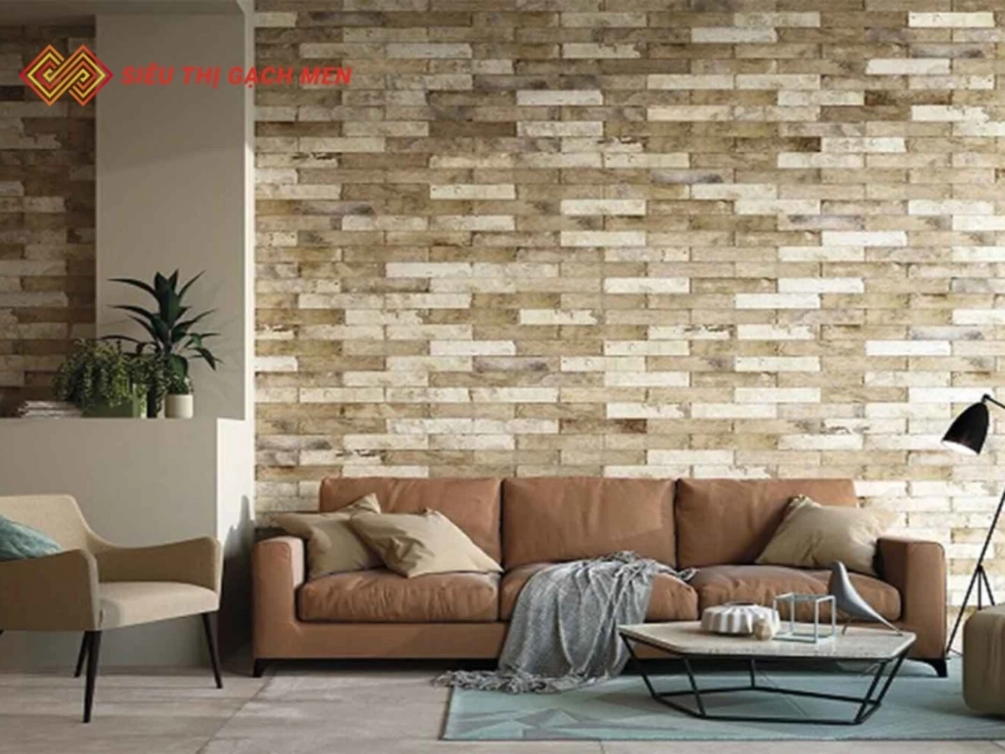 Gạch thẻ ốp tường phòng khách tạo nên không gian tối giản