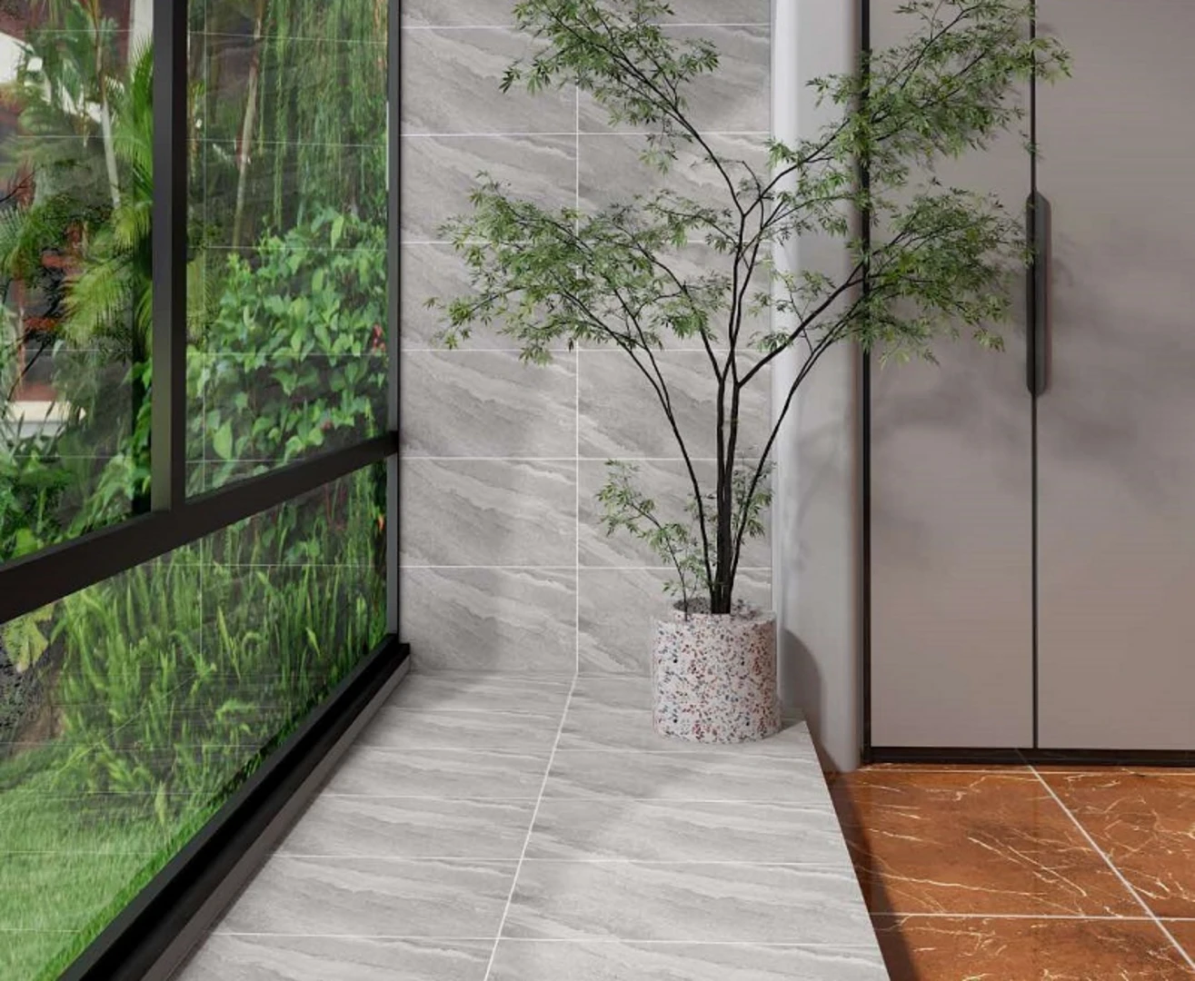 Mẫu gạch lát nền nhà tắm vân đá xám sáng hiện đại