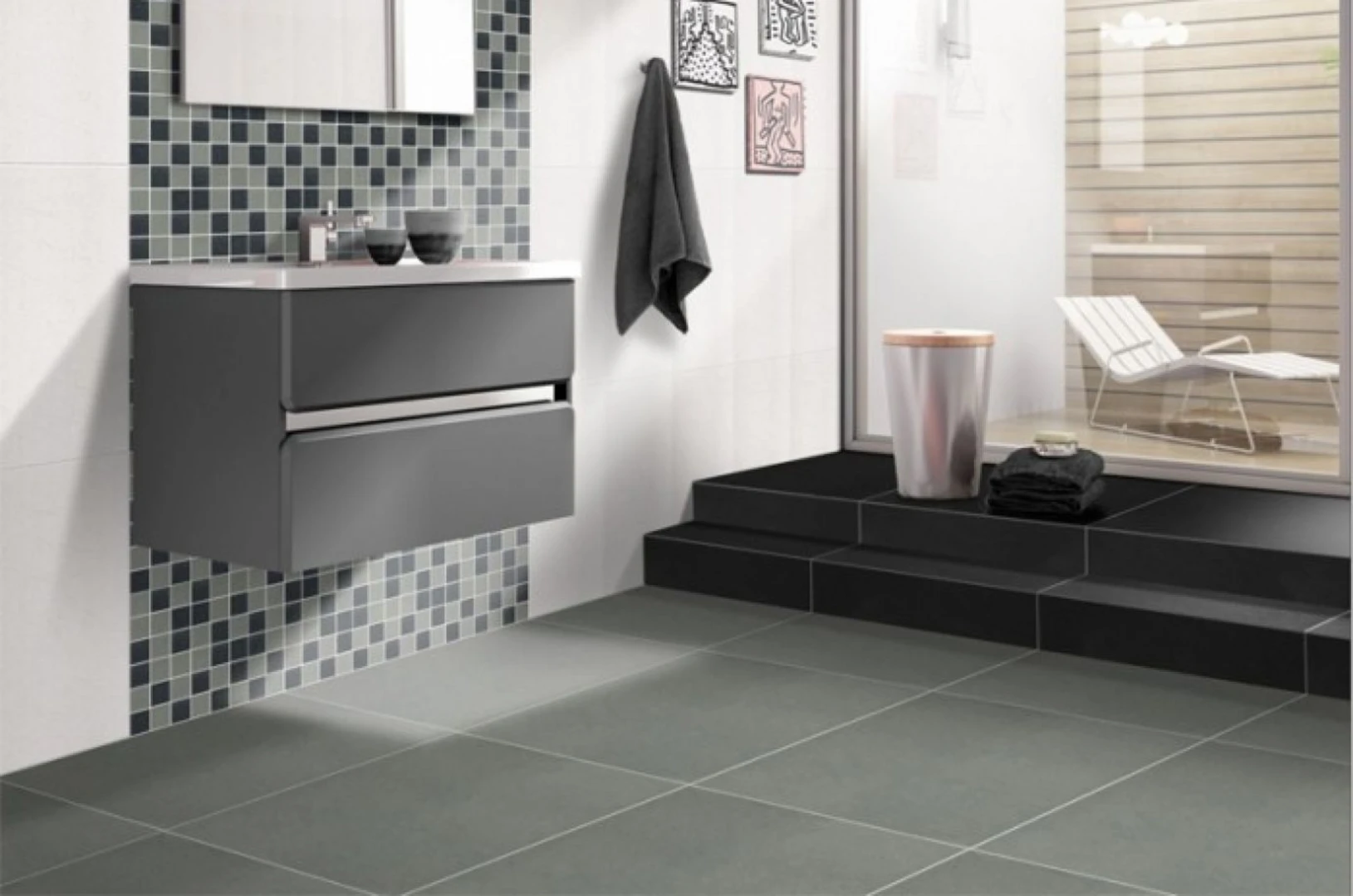 Mẫu gạch lát nền nhà tắm bán sứ porcelain tông xám đậm mang phong cách hiện đại