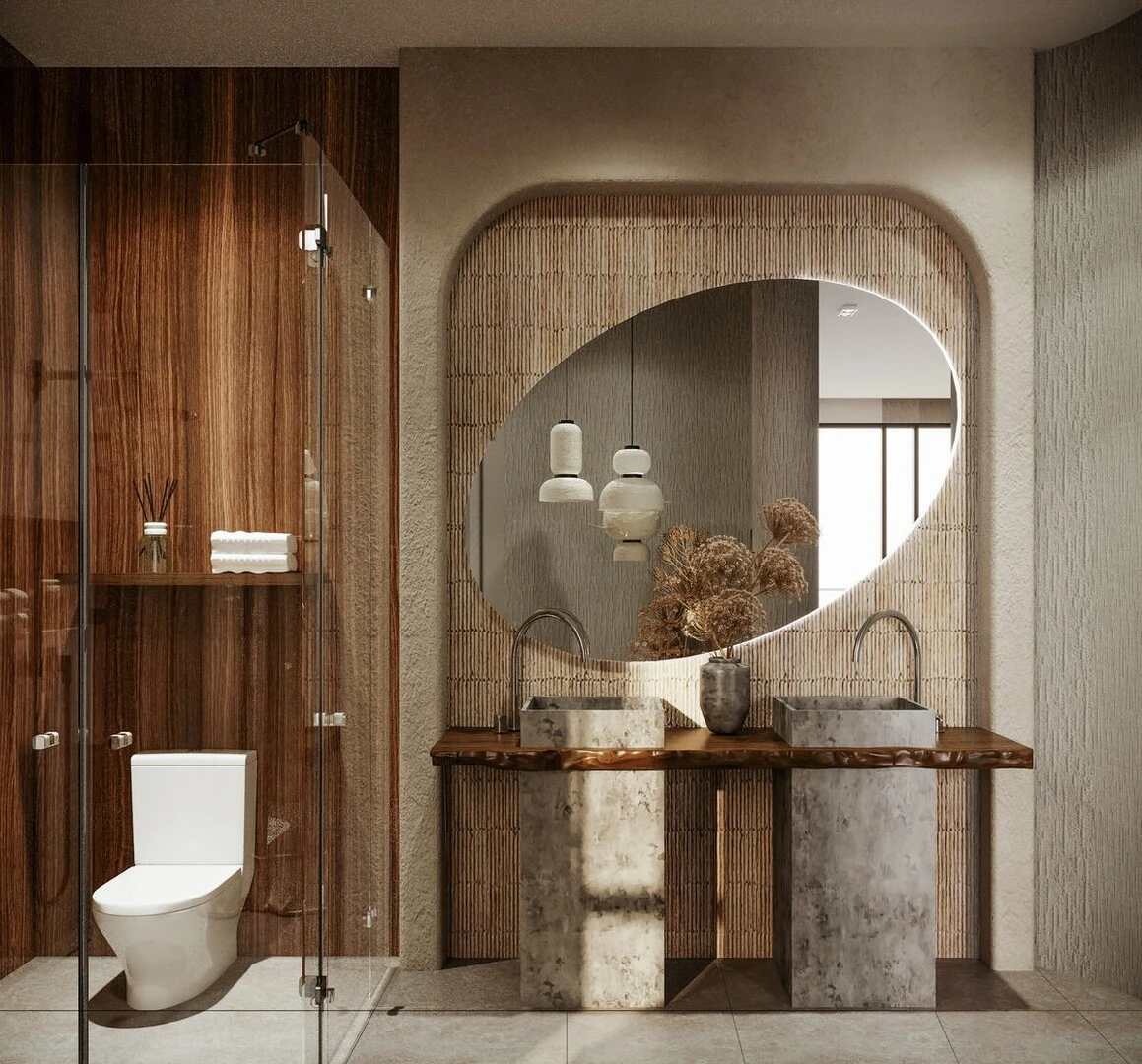 Mẫu nhà vệ sinh nhỏ đẹp sử dụng gạch giả gỗ với gam màu nâu ấm cúng