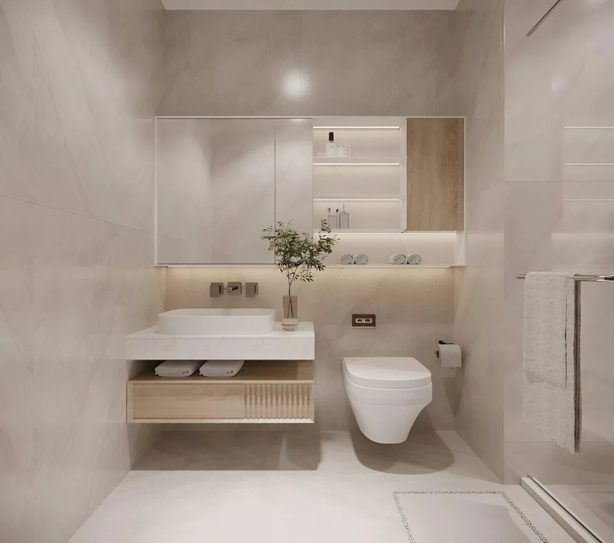 Những tông màu sáng giúp nhà vệ sinh nhỏ đẹp thêm sáng sủa, nhẹ nhàng