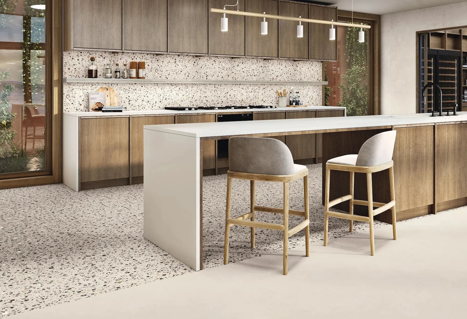 Gạch lát nền nhà bếp Terrazzo tạo nên vẻ đẹp độc đáo, sống động