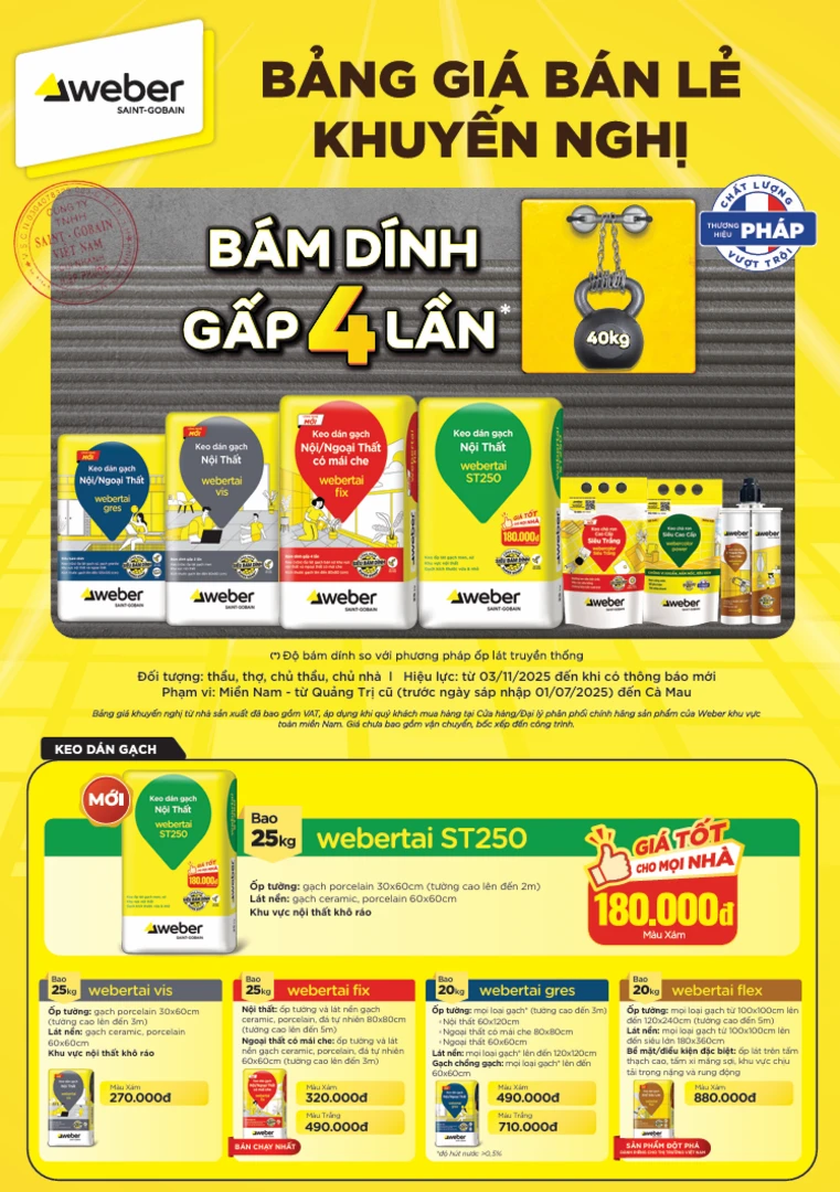 Cập nhật bảng giá keo dán gạch Weber mới nhất