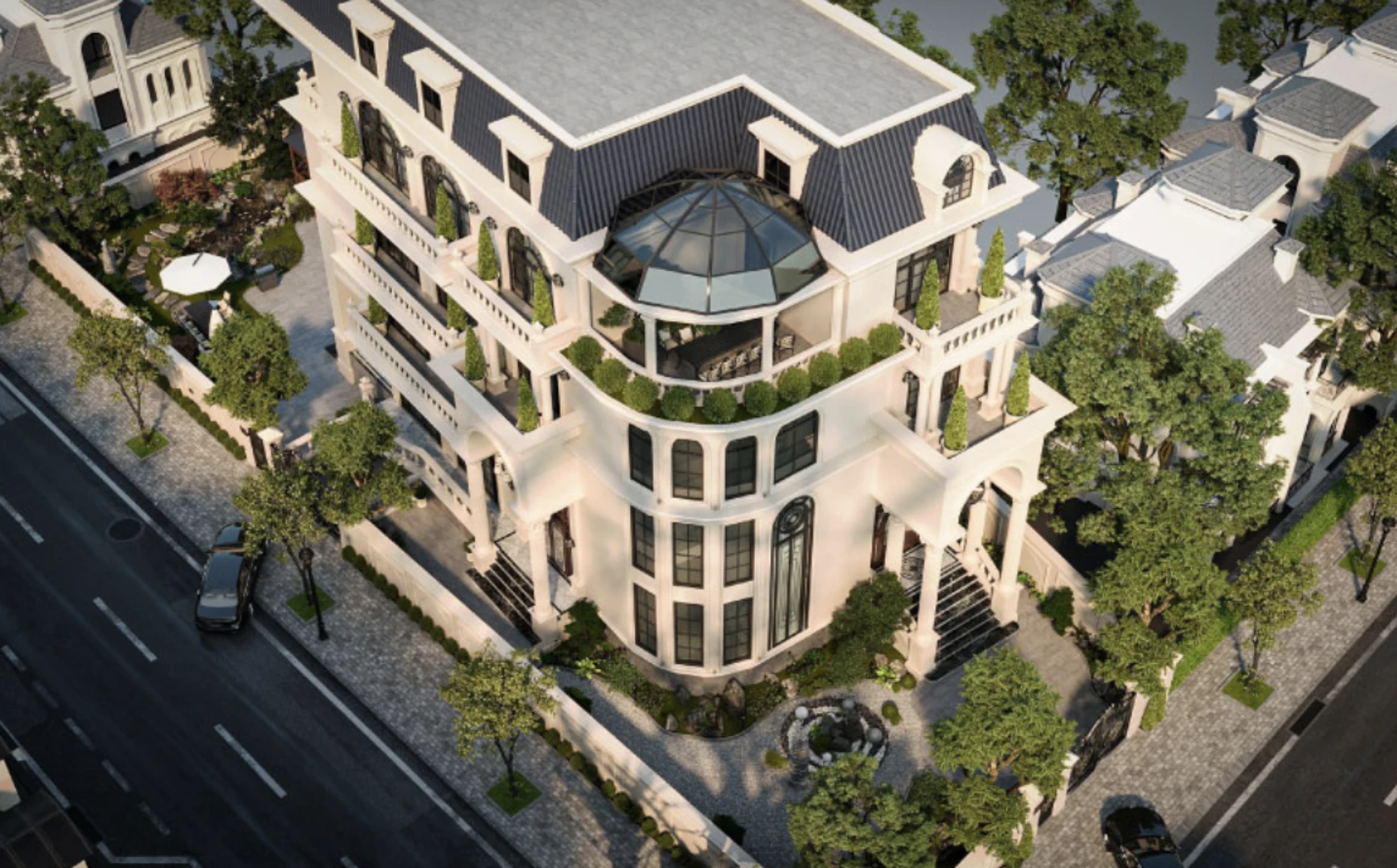 Mẫu nhà phố tân cổ điển có sân thượng được thiết kế hài hòa