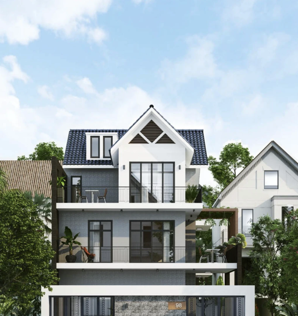 Nhà phố tân cổ điển mái Thái dốc nhẹ tạo điểm nhấn cho tổng thể kiến trúc