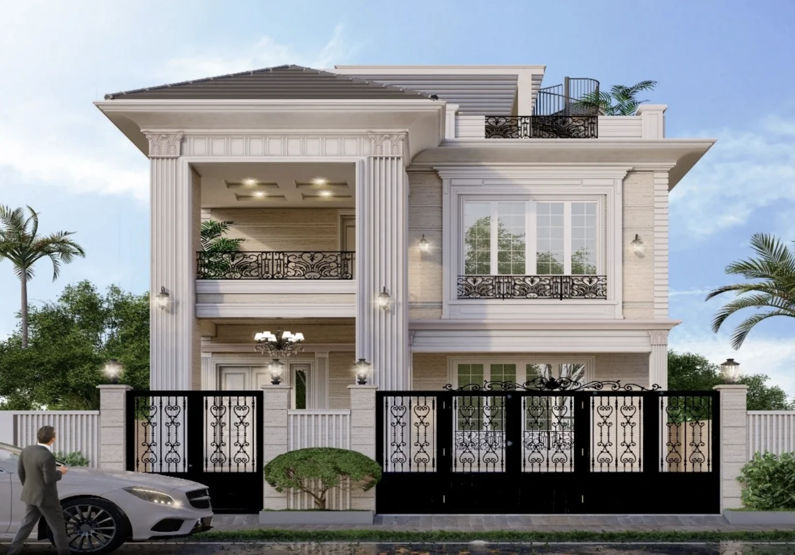 Nhà phố tân cổ điển 2 tầng nổi bật với mặt tiền đối xứng, cột trụ vững chắc