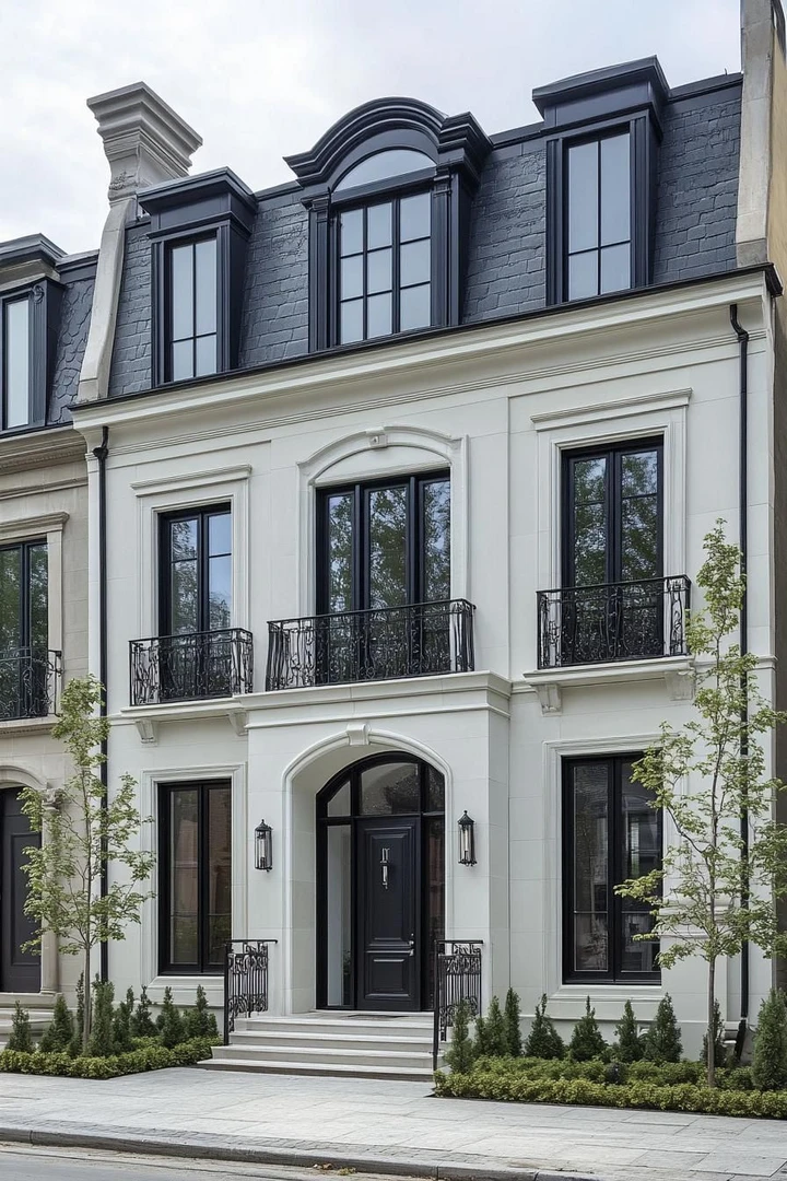 Mẫu nhà phố tân cổ điển có đường nét hoa văn tinh tế và gam màu trung tính thanh lịch