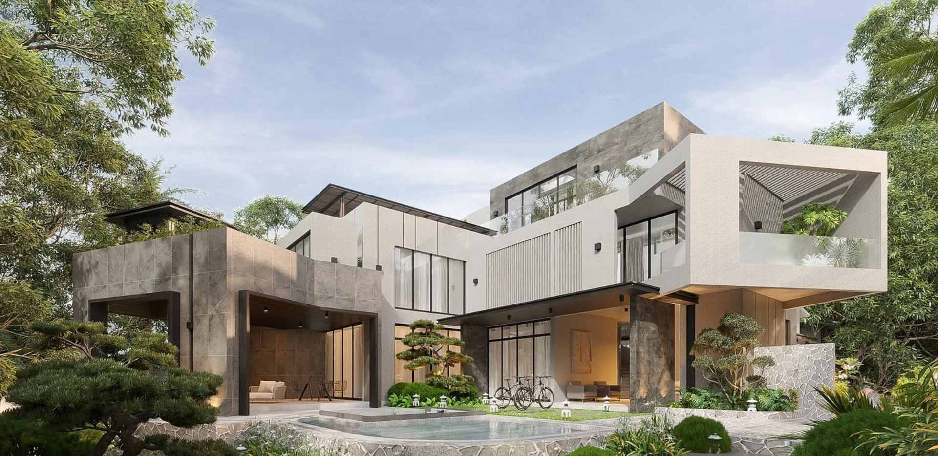 Mẫu thiết kế biệt thự hiện đại, tiện nghi đề cao hình khối mạnh mẽ và không gian mở